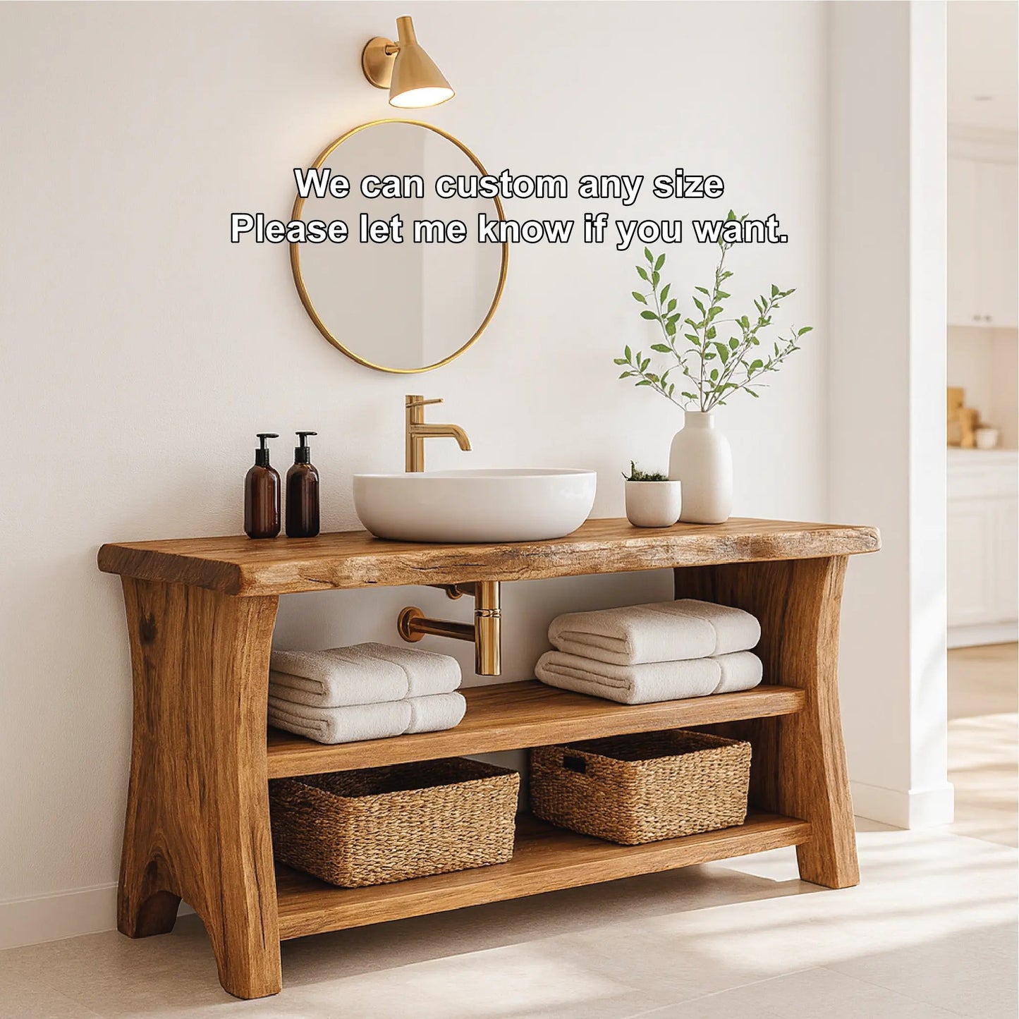 Handcrafted Solid Wood Bathroom Vanity with Live Edge Design and Open Shelf Bathroom Storage Kitchnce