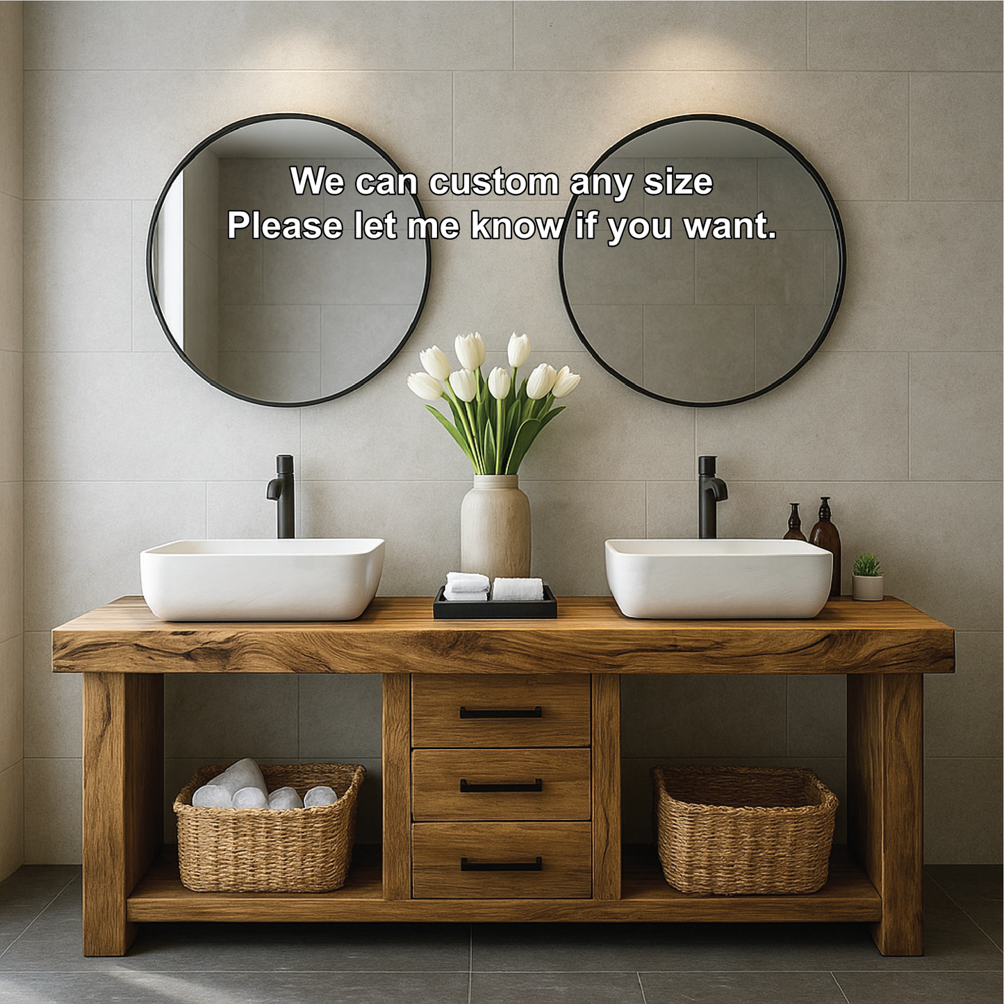 Handcrafted Solid Wood Double Sink Bathroom Vanity with Central Drawers and Natural Finish Kitchnce