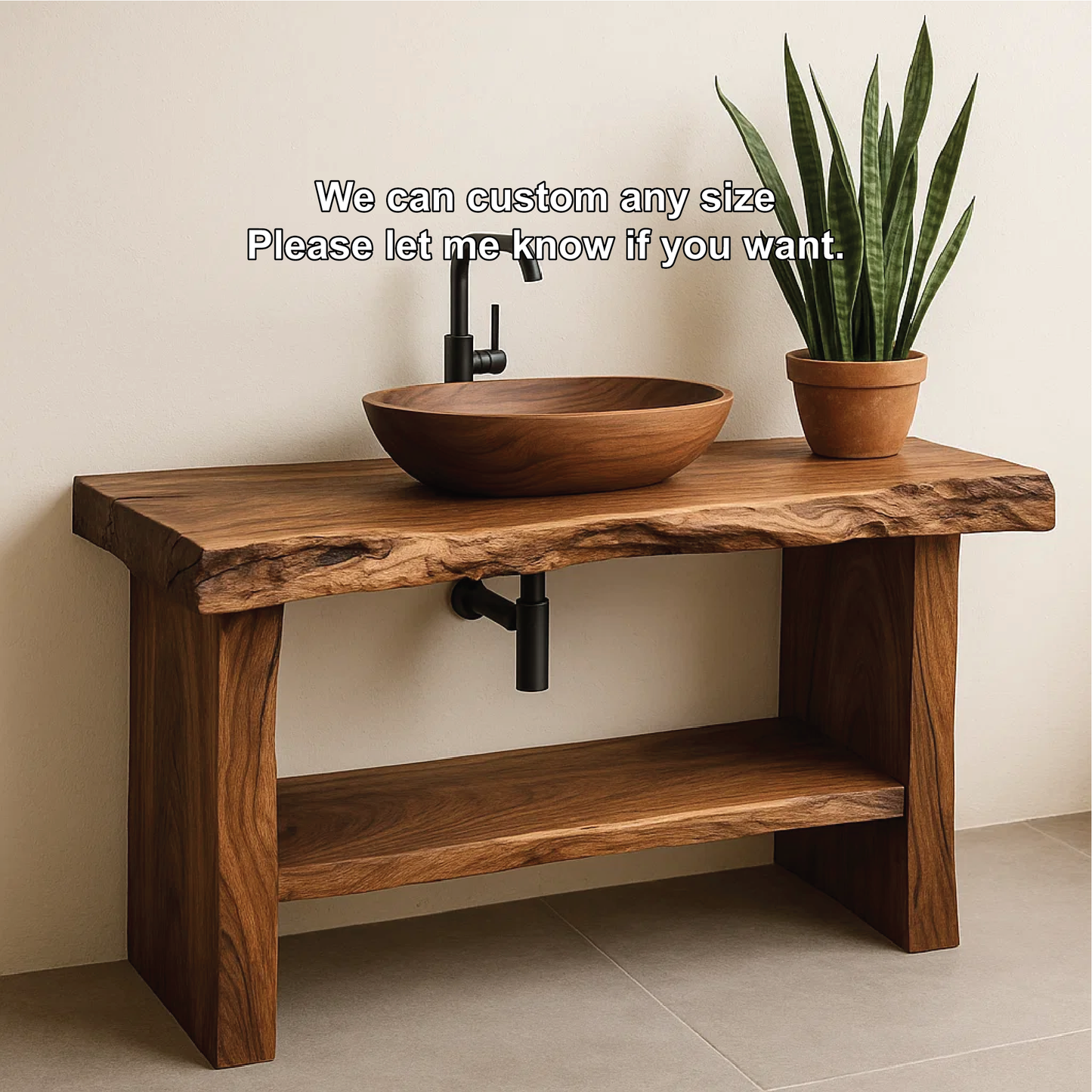 Handcrafted Live Edge Solid Wood Bathroom Vanity with Natural Finish and Open Storage Shelf Kitchnce
