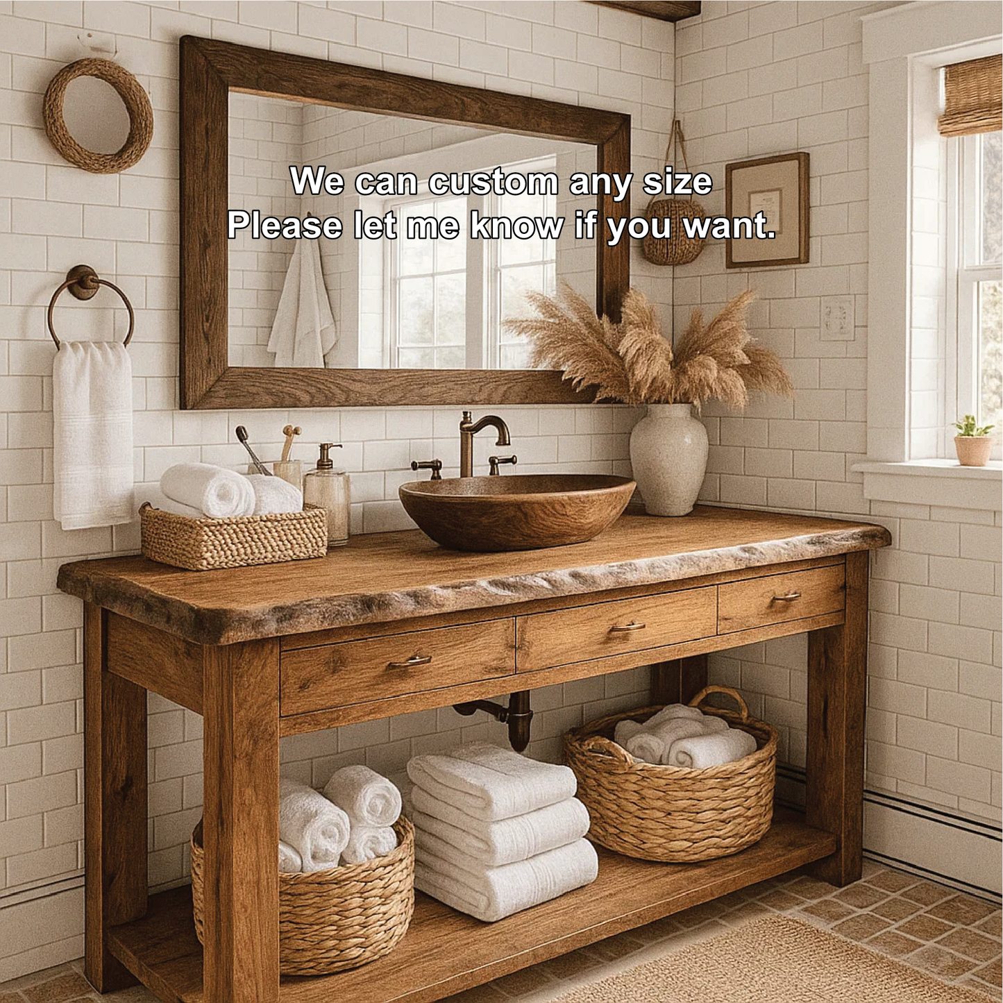 Rustic Handcrafted Solid Wood Bathroom Vanity with Live Edge Top and Natural Farmhouse Style Kitchnce