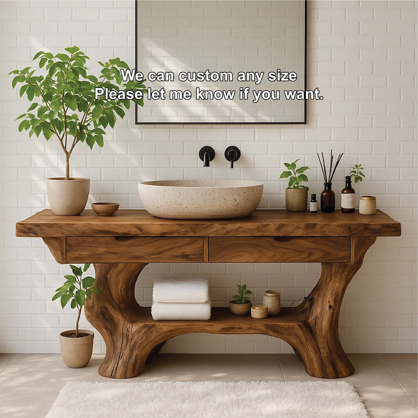 Handcrafted Solid Wood Vanity with Organic Curved Base and Natural Live Edge Design Kitchnce