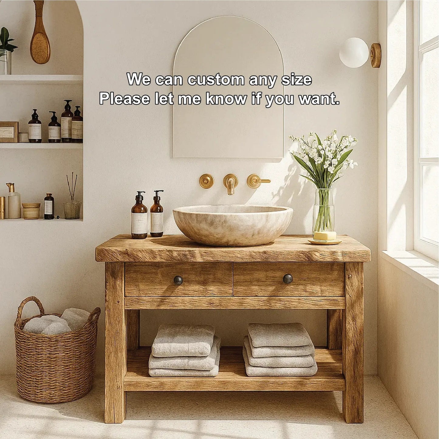 Handcrafted Solid Wood Bathroom Vanity with Double Drawers and Shelf for Natural Modern Homes Kitchnce