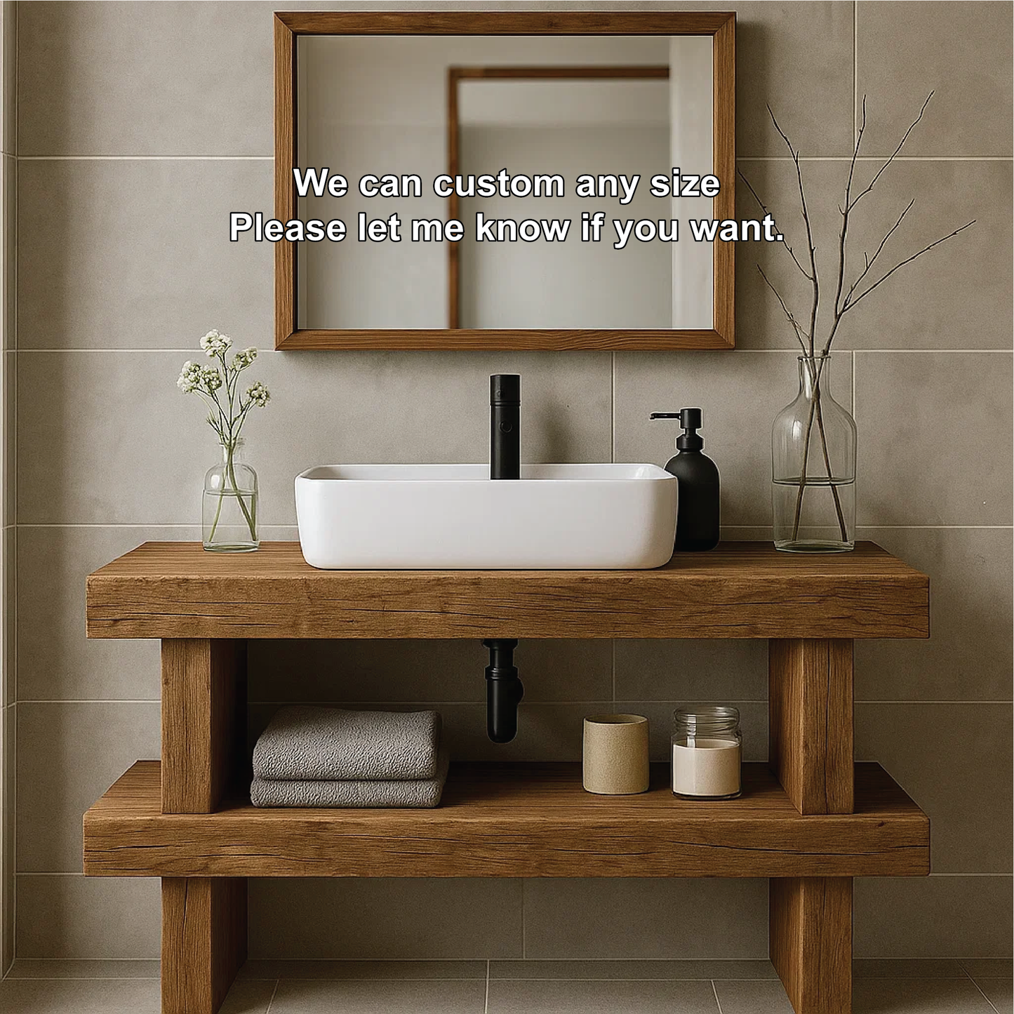 Minimalist Handcrafted Solid Wood Bathroom Vanity with Open Shelf and Modern Rustic Design Kitchnce