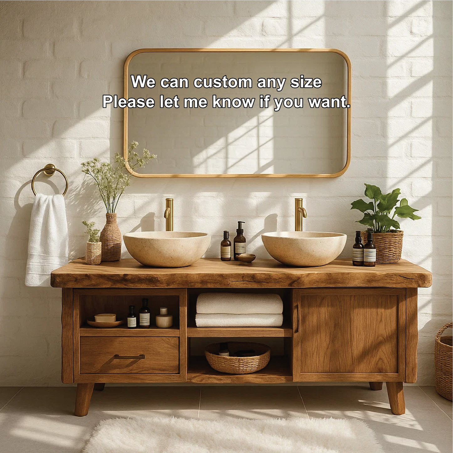 Handcrafted Solid Wood Double Bathroom Vanity with Live Edge Countertop and Modern Legs Kitchnce