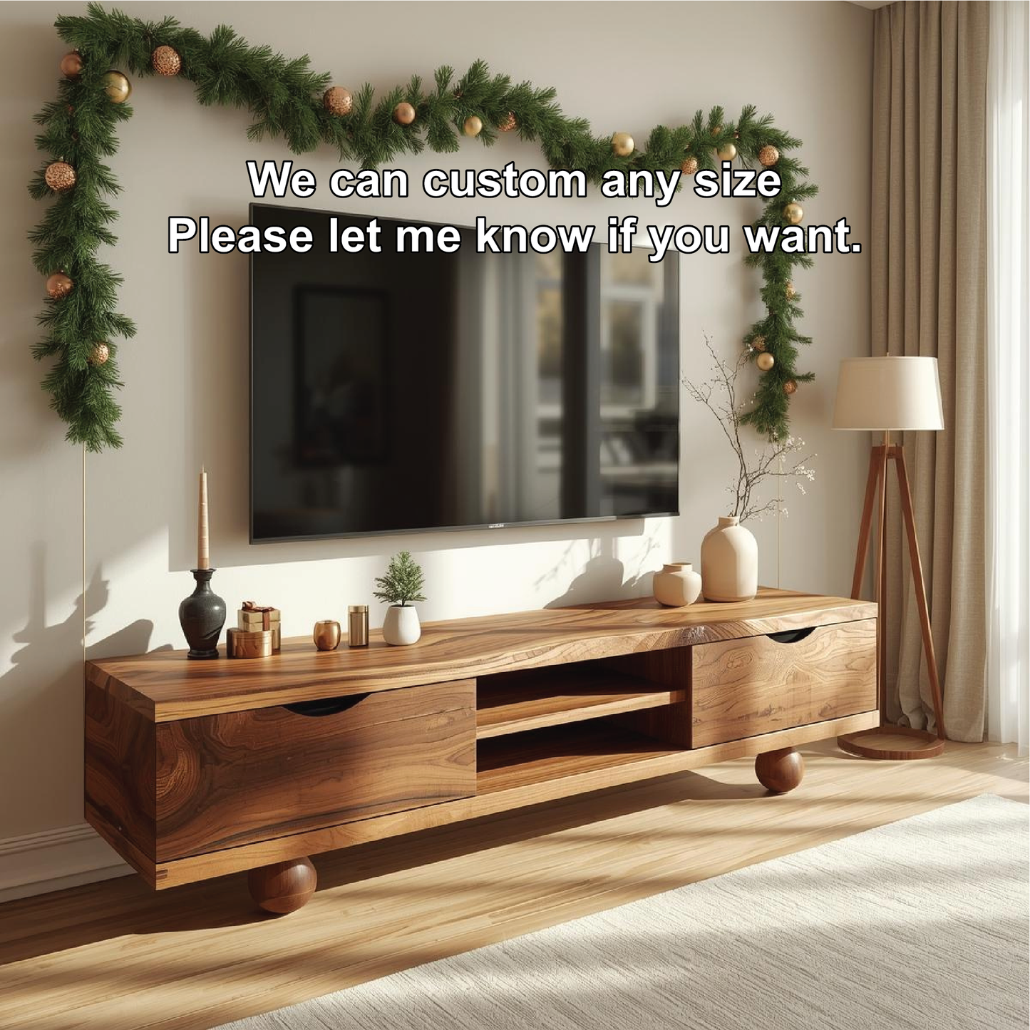 Handcrafted Solid Wood TV Stand with Natural Live Edge Design and Modern Rounded Base Legs Kitchnce