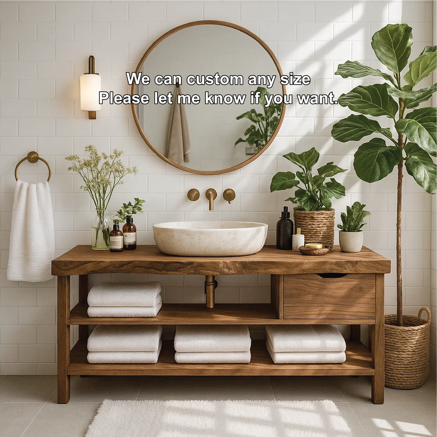 Handcrafted Solid Wood Bathroom Vanity with Open Shelf Storage and Natural Rustic Finish Kitchnce