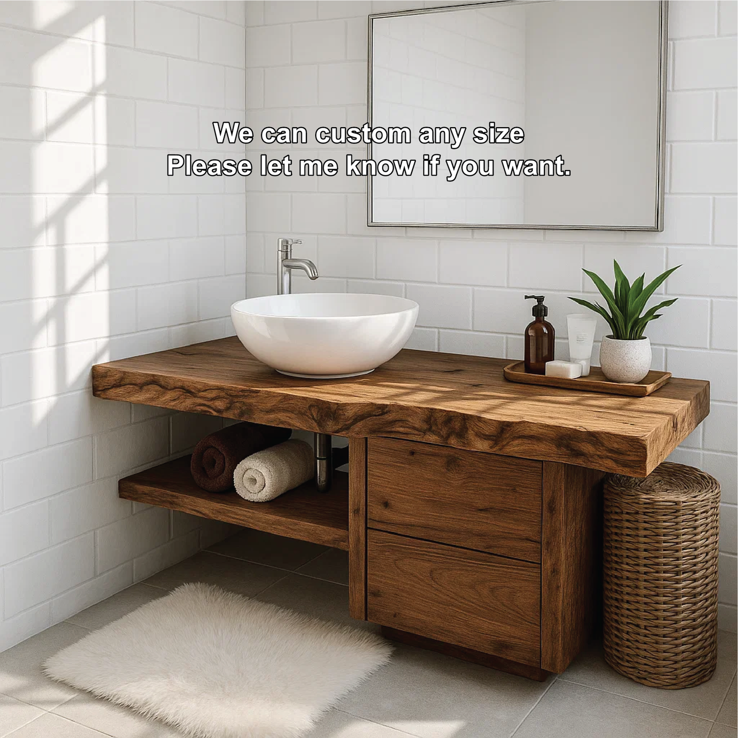 Handcrafted Solid Wood Bathroom Vanity with Live Edge Countertop and Modern Storage Design Kitchnce
