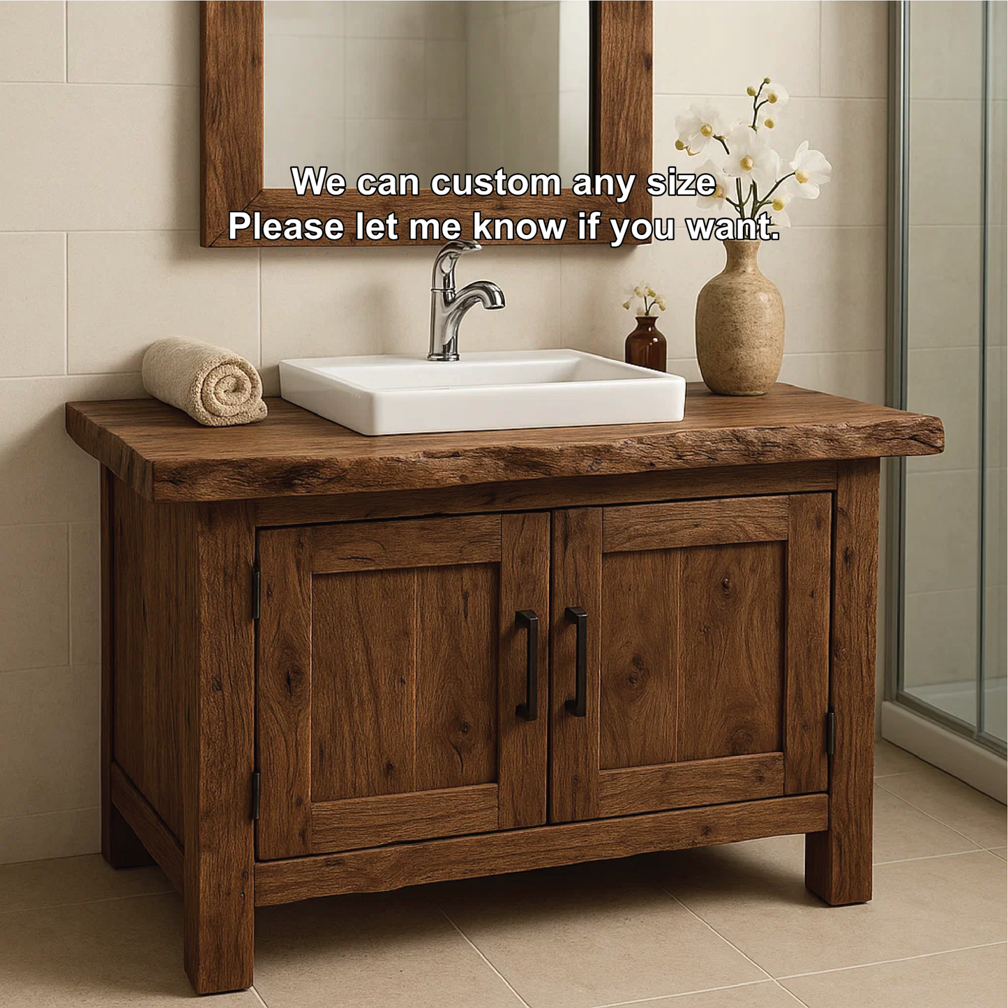Rustic Handcrafted Solid Wood Bathroom Vanity with Natural Live Edge Top and Double Doors Kitchnce