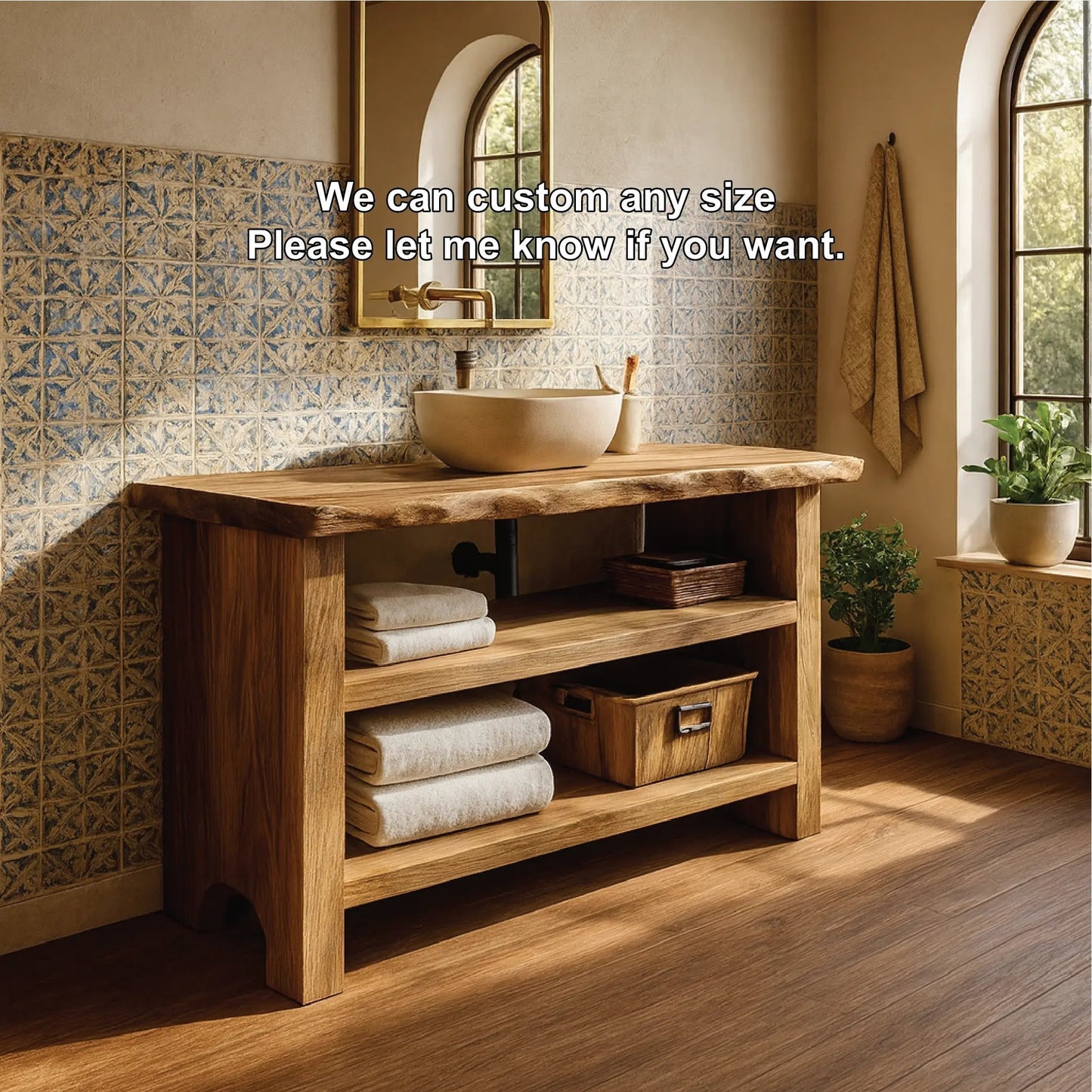 Handcrafted Solid Wood Bathroom Vanity with Live Edge Design and Rustic Open Shelf Storage Kitchnce