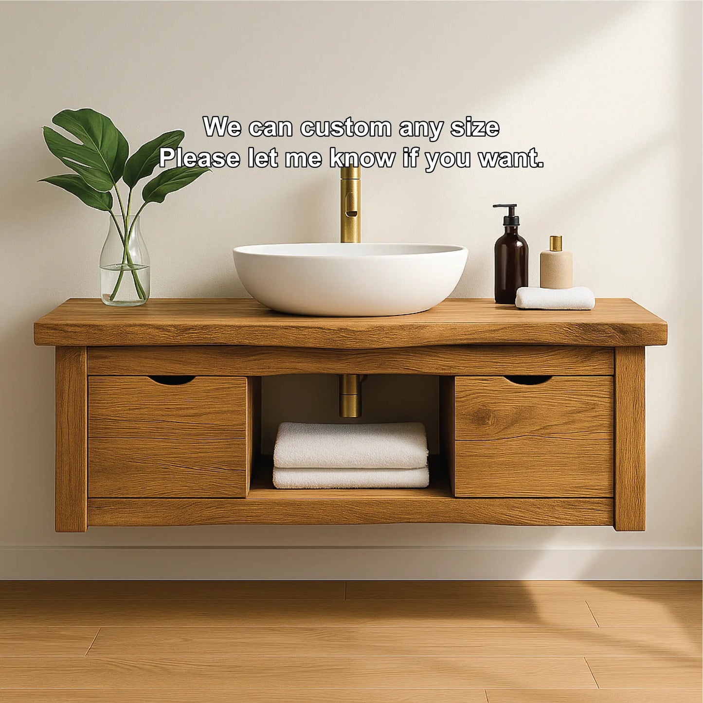 Handcrafted Solid Wood Floating Vanity with Minimalist Design and Dual Drawer Bathroom Storage Kitchnce