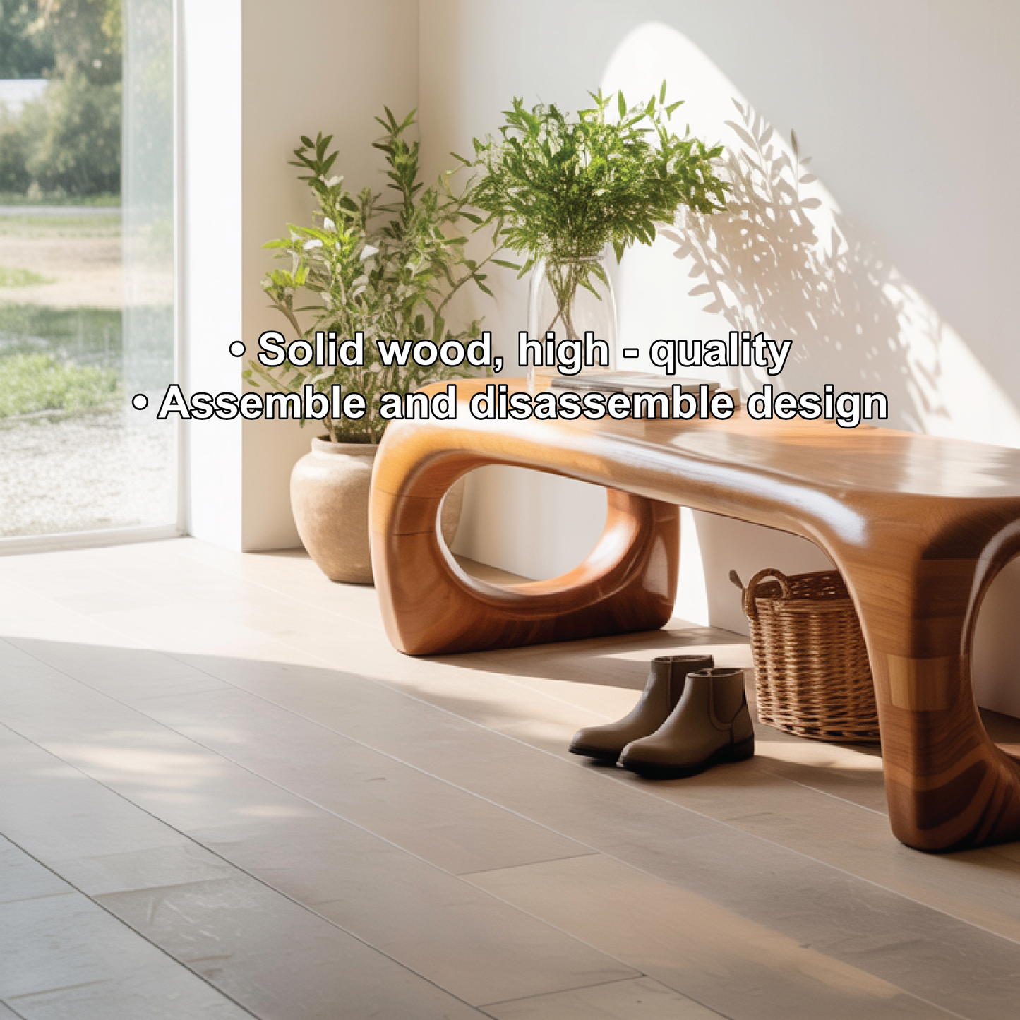 Handcrafted Solid Wood Entryway Bench with Modern Sculpted Organic Frame and Polished Finish Kitchnce