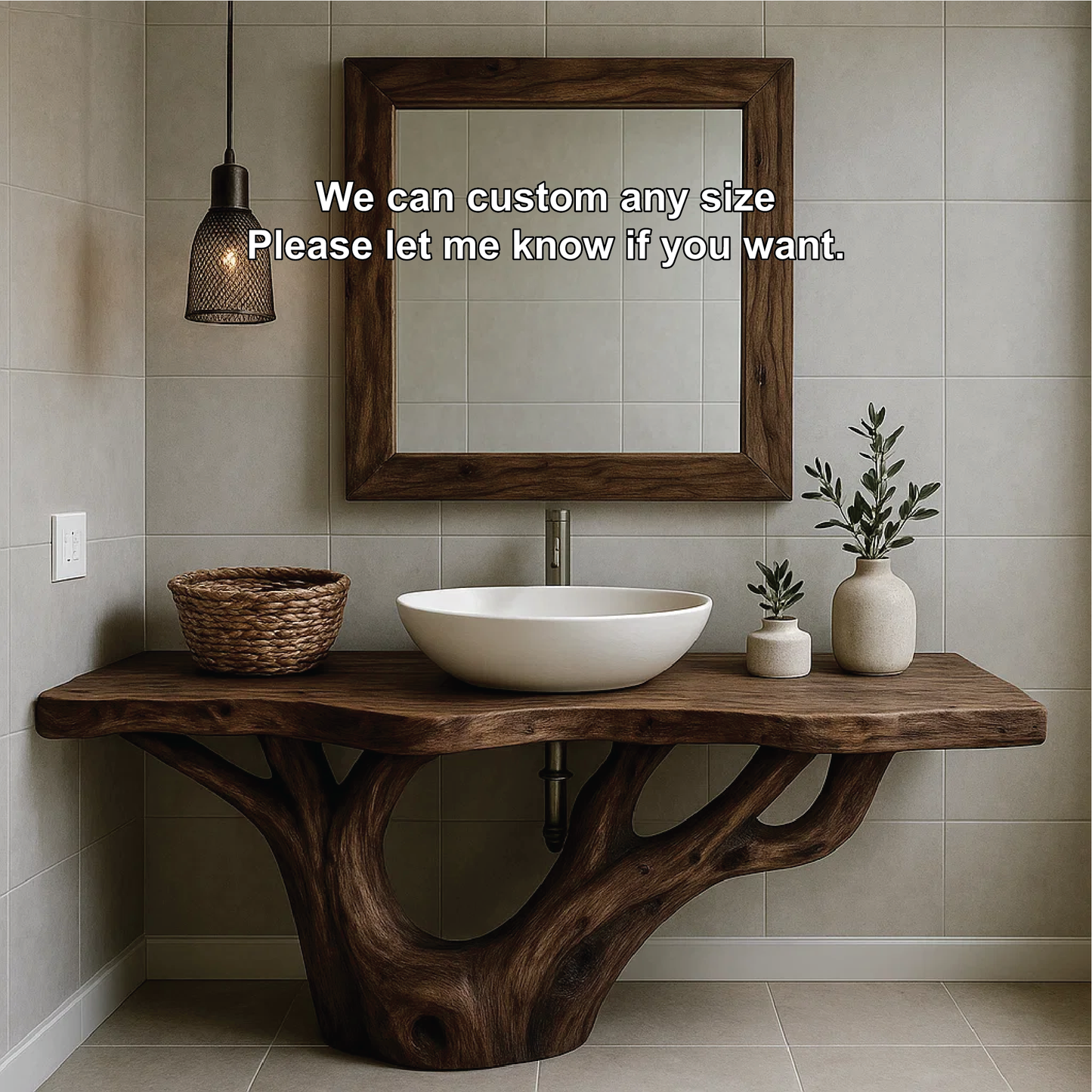 Handcrafted Solid Wood Bathroom Vanity with Organic Tree-Inspired Base and Natural Finish Kitchnce