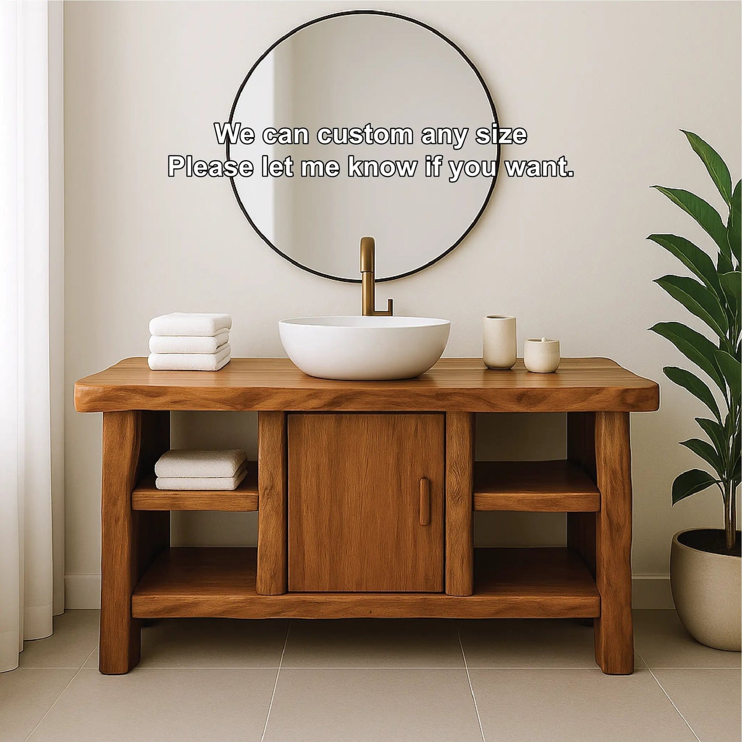 Handcrafted Solid Wood Bathroom Vanity with Center Cabinet and Open Shelves in Natural Finish Kitchnce
