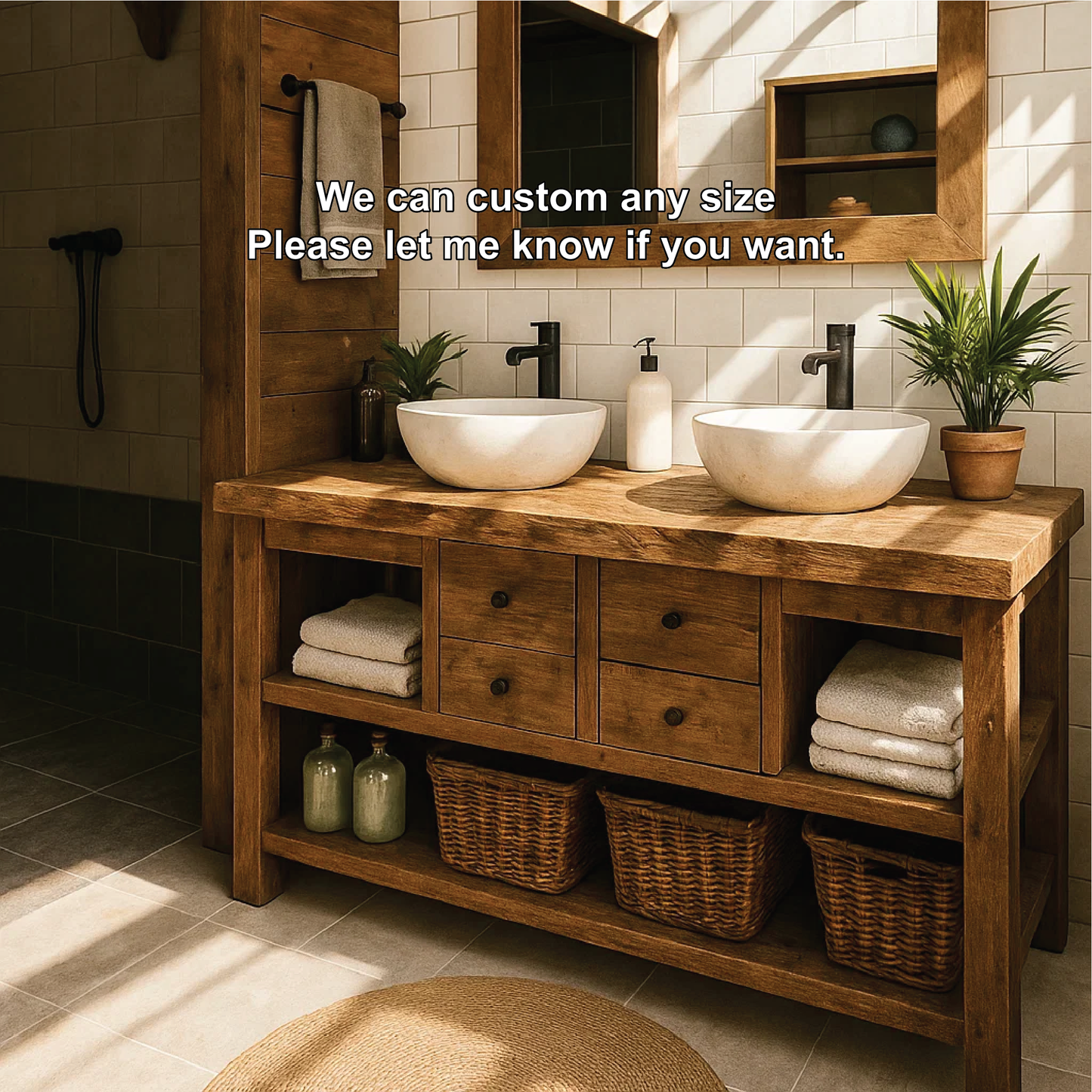 Rustic Double Sink Solid Wood Bathroom Vanity with Drawers and Open Storage Handmade Design Kitchnce