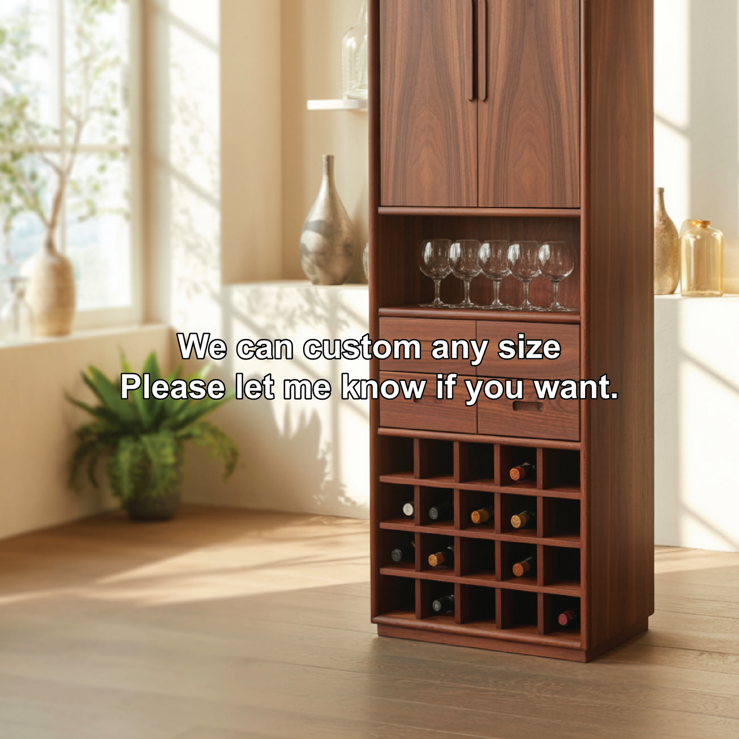 Handcrafted Solid Wood Dining Cabinet with Tall Doors, Wine Storage Grid and Four Drawers Kitchnce