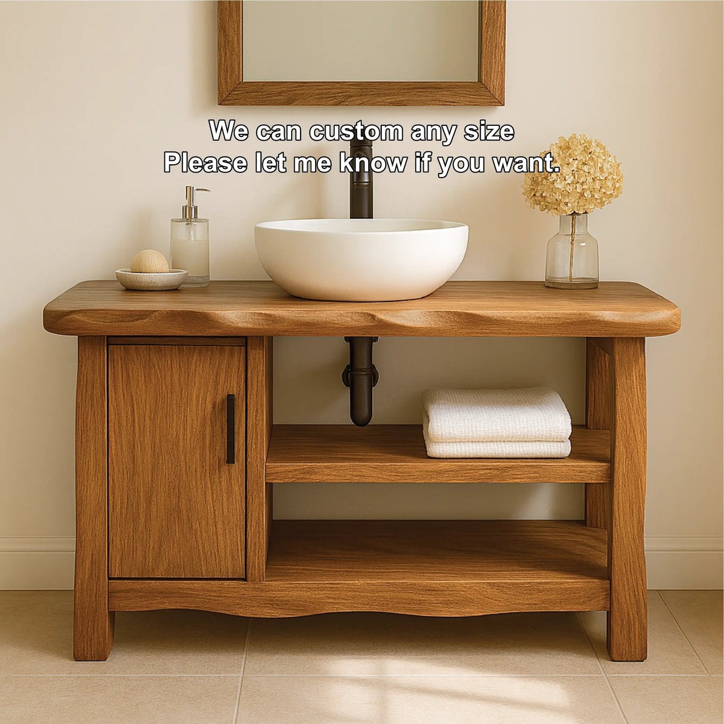 Handcrafted Solid Wood Bathroom Vanity with Cabinet and Open Shelves for Natural Minimal Interiors Kitchnce