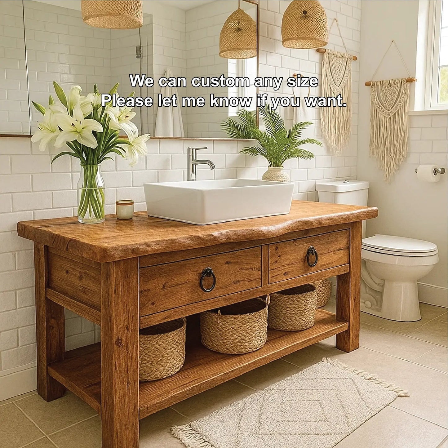Handcrafted Solid Wood Bathroom Vanity with Drawers and Open Shelf in Natural Rustic Finish Kitchnce