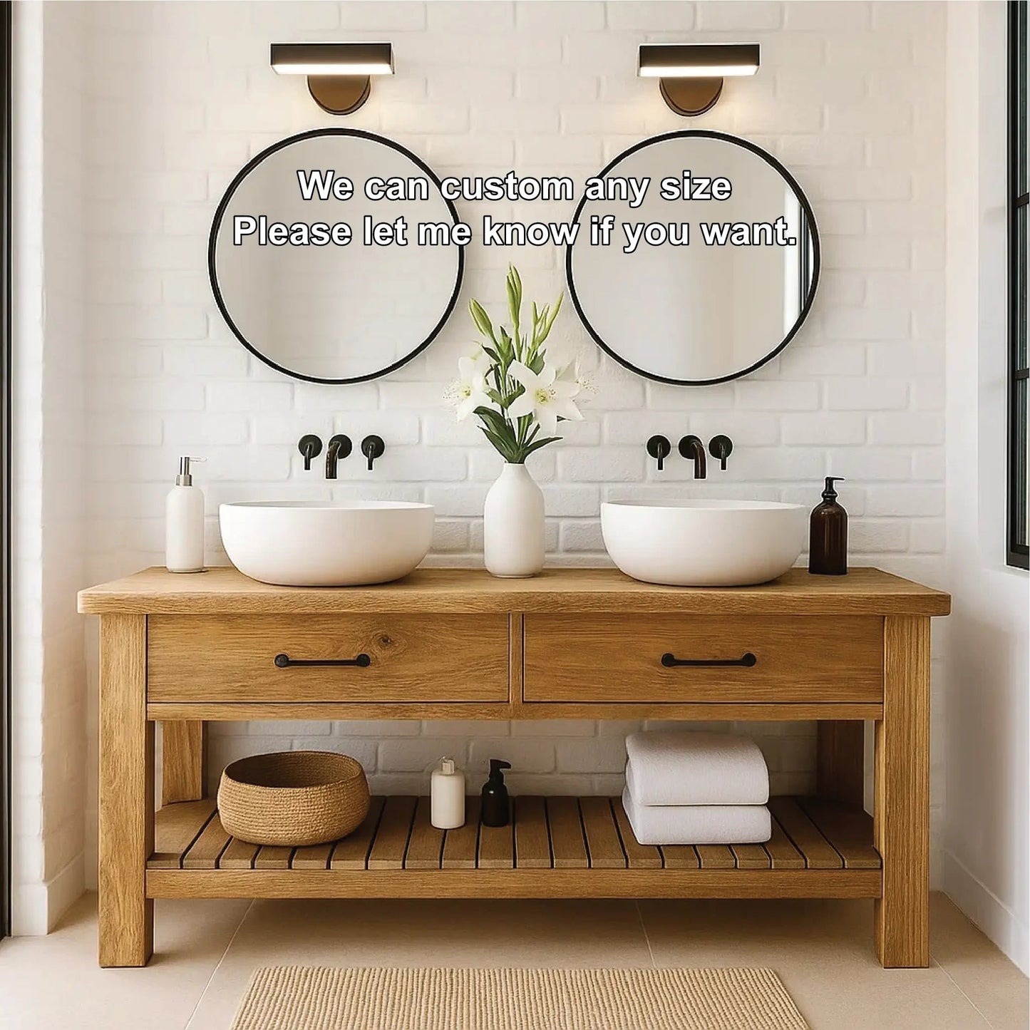 Handcrafted Double Solid Wood Bathroom Vanity with Drawers and Slatted Shelf for Modern Homes Kitchnce