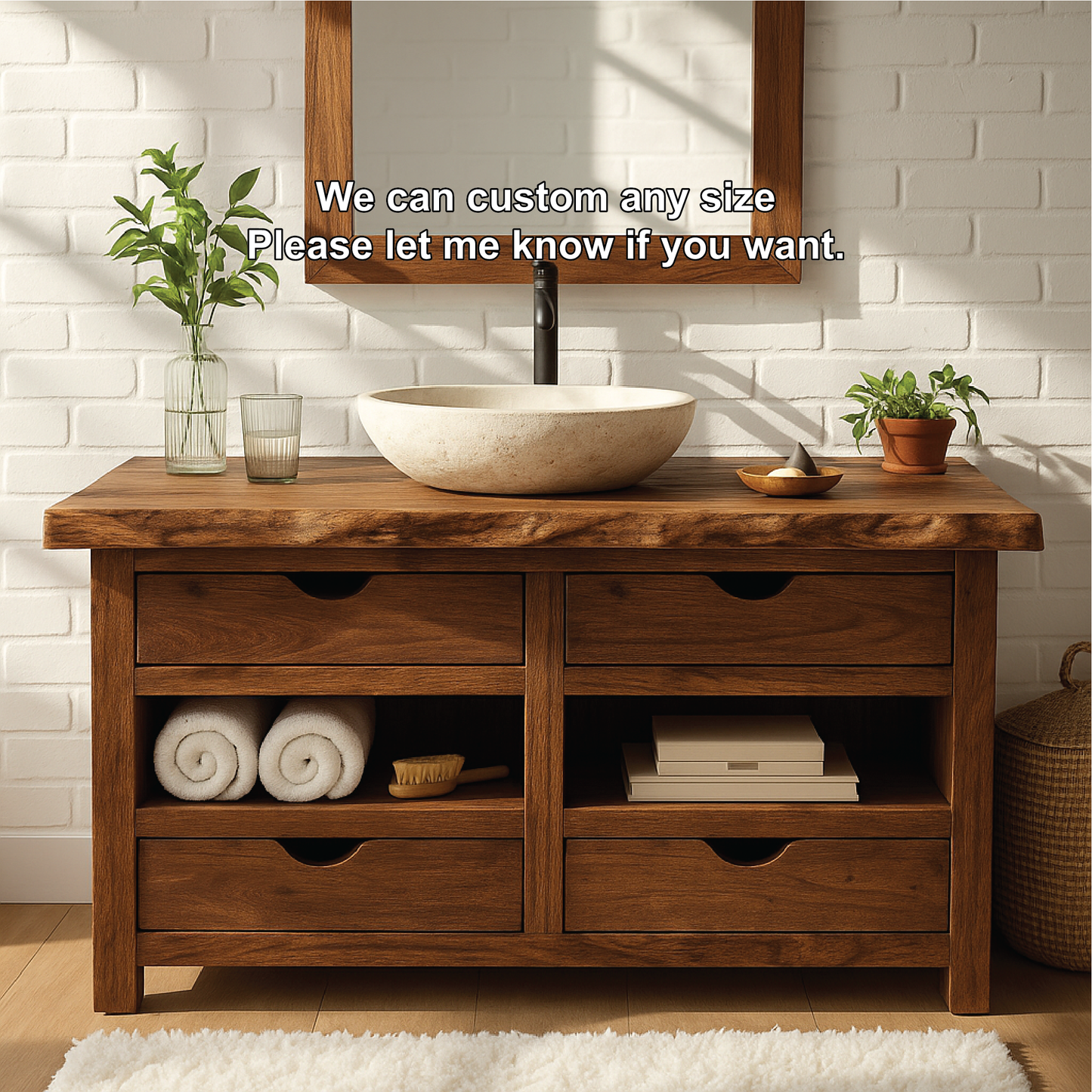 Handcrafted Solid Wood Bathroom Vanity with Natural Live Edge and Four Drawer Storage Kitchnce