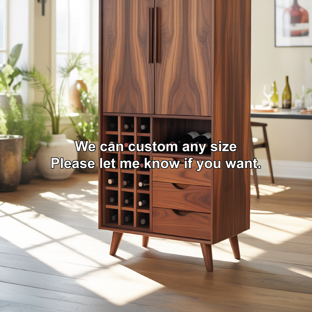 Handcrafted Solid Wood Dining Cabinet with Wine Storage Grid, Drawers and Tall Double Doors Kitchnce