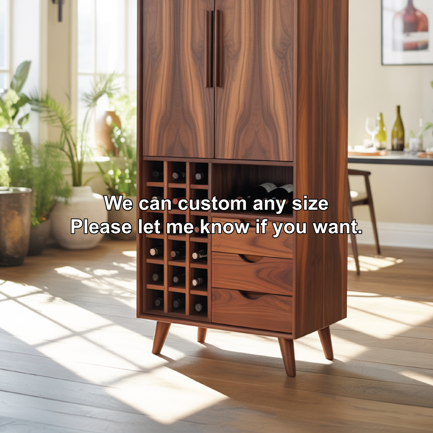 Handcrafted Solid Wood Dining Cabinet with Wine Storage Grid, Drawers and Tall Double Doors Kitchnce
