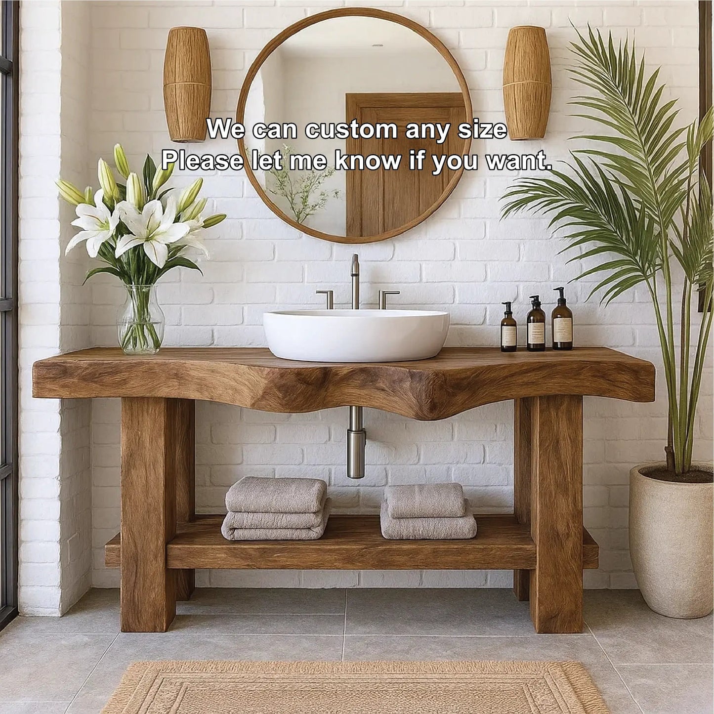 Handcrafted Solid Wood Bathroom Vanity with Organic Curved Edge and Open Shelf for Modern Homes Kitchnce