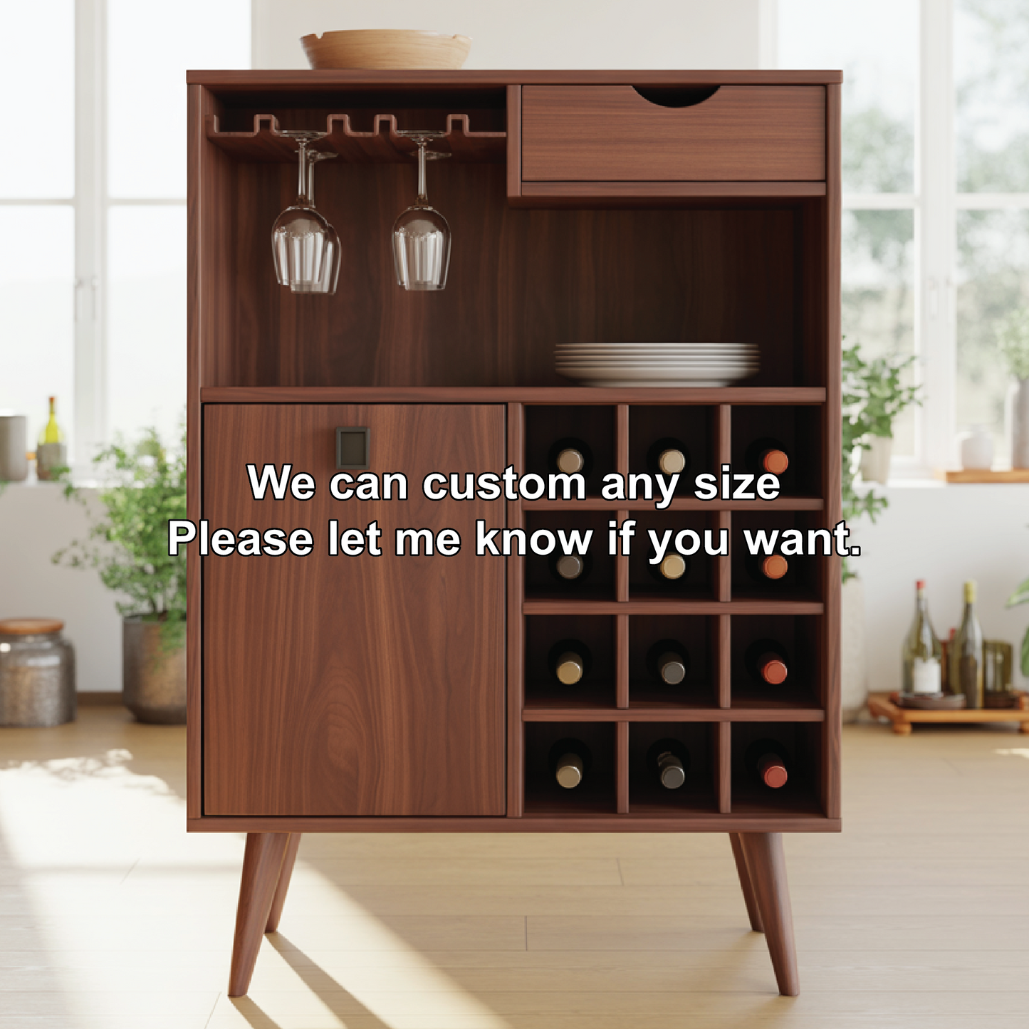 Handcrafted Solid Wood Dining Cabinet with Wine Rack, Glass Holder, Drawer and Storage Door Kitchnce
