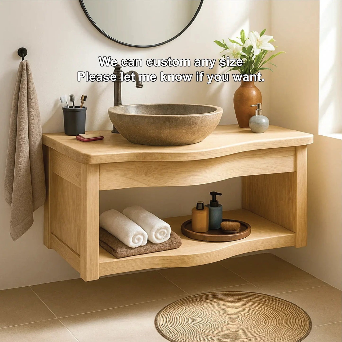 Handcrafted Solid Wood Floating Vanity with Curved Edge Design and Open Shelf Bathroom Storage Kitchnce