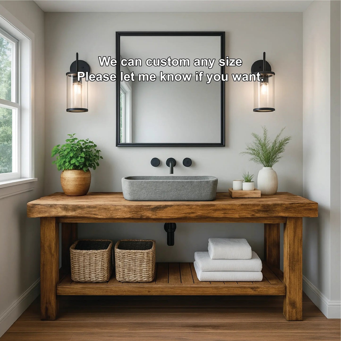 Rustic Solid Wood Bathroom Vanity with Slatted Shelf and Natural Finish for Handcrafted Interiors Kitchnce