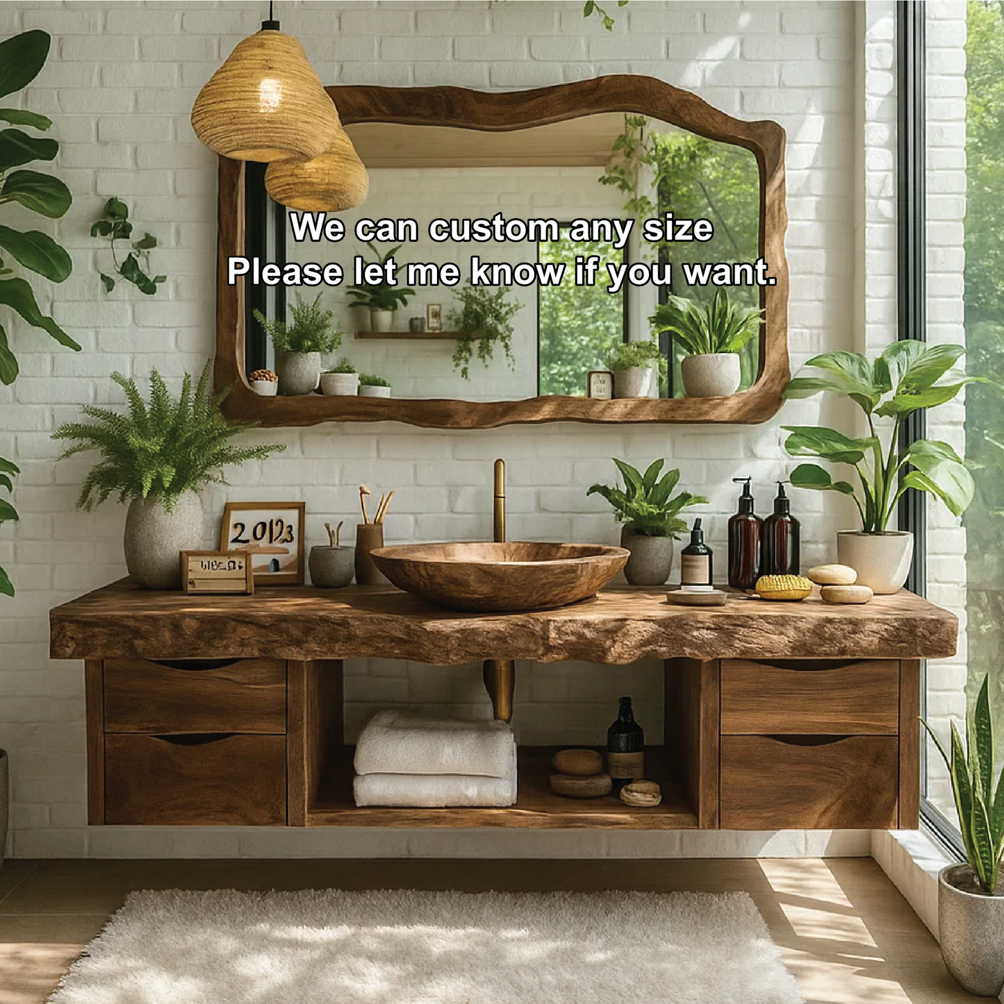 Handcrafted Solid Wood Floating Vanity – Live Edge Bathroom Counter with Drawers With Sink Kitchnce
