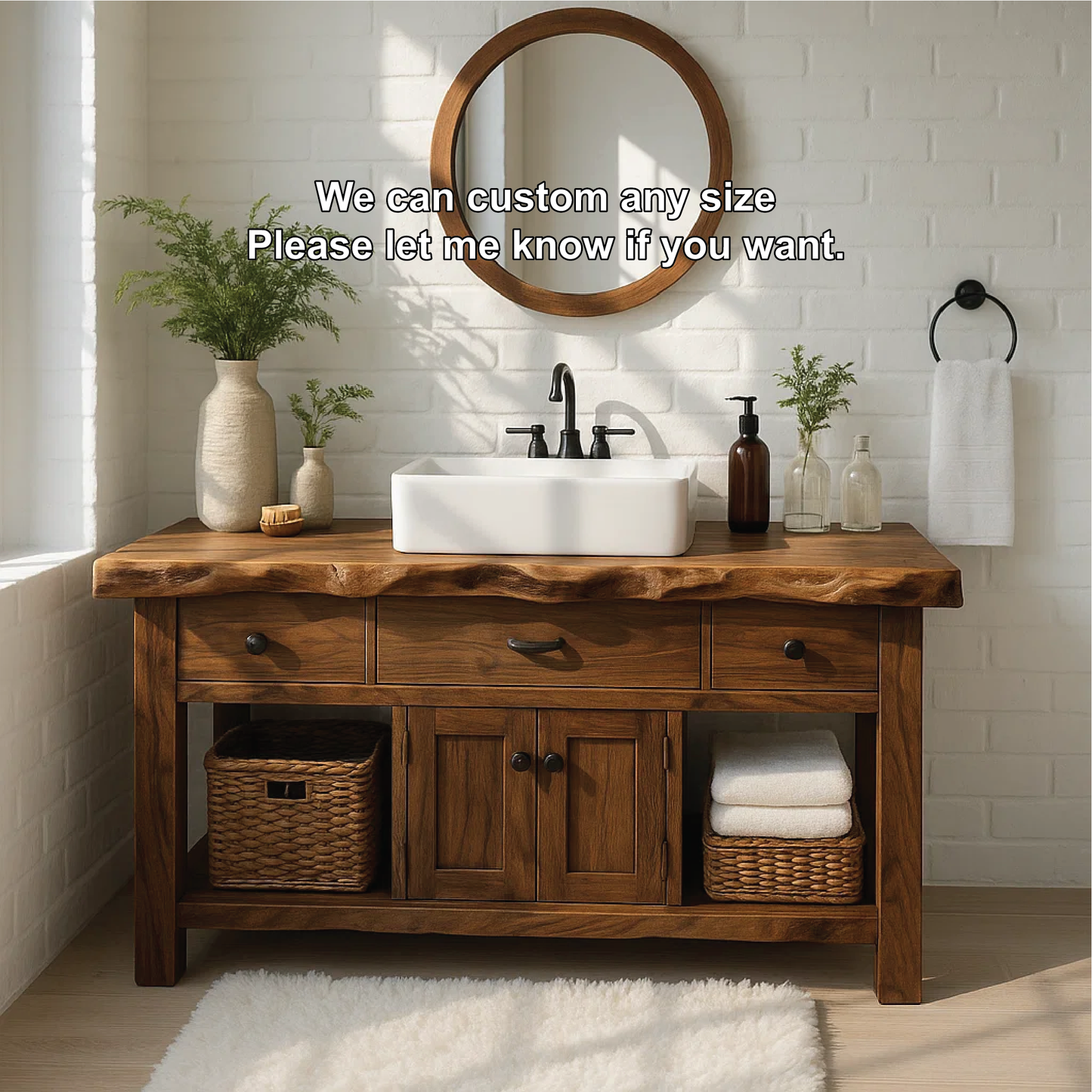 Handcrafted Solid Wood Vanity with Live Edge Top and Rustic Cabinet Storage Design Kitchnce