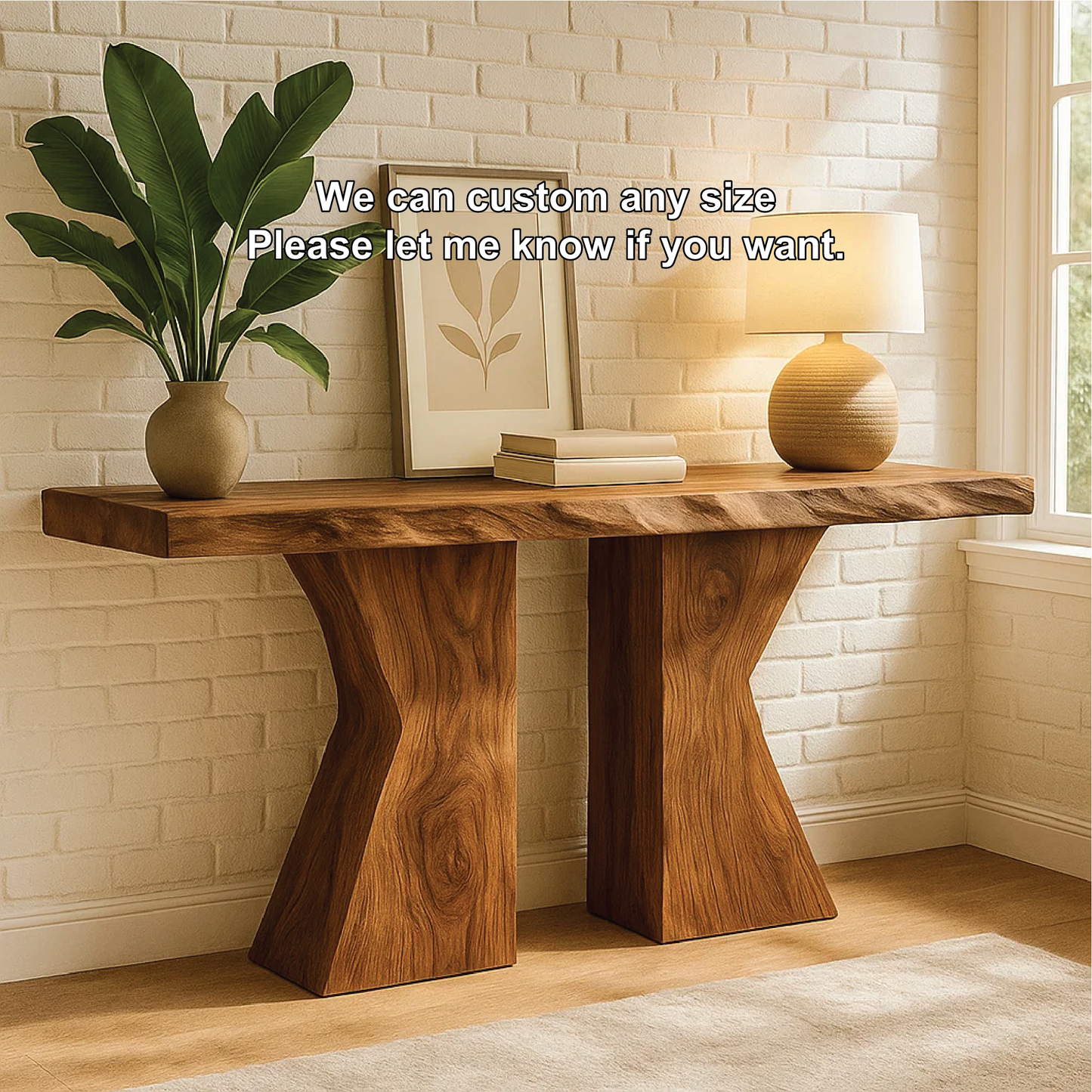 Handcrafted Solid Wood Console Table with Sculptural Base and Natural Live Edge Design Kitchnce
