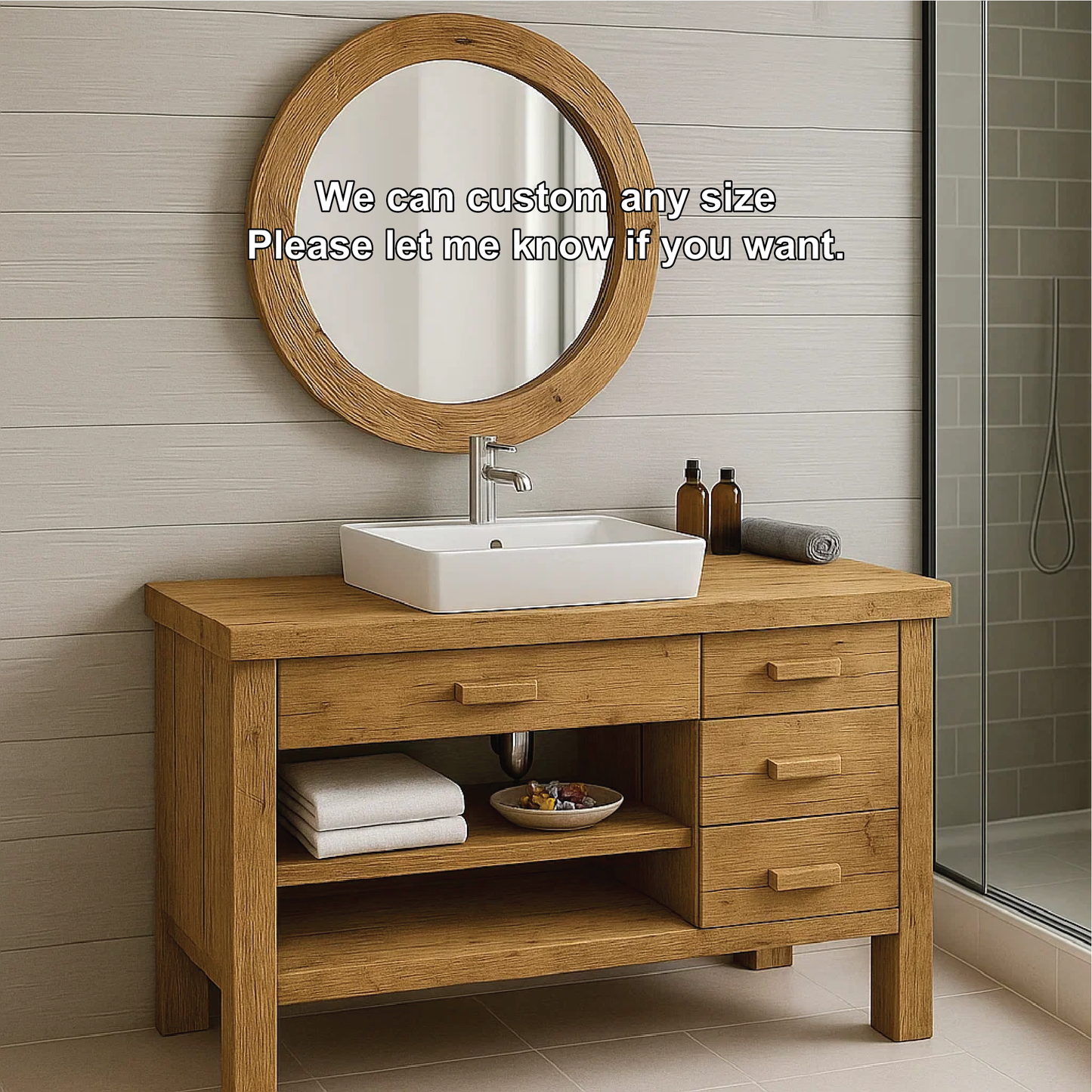 Handcrafted Solid Wood Bathroom Vanity with Drawers and Open Shelf in Natural Minimalist Style Kitchnce