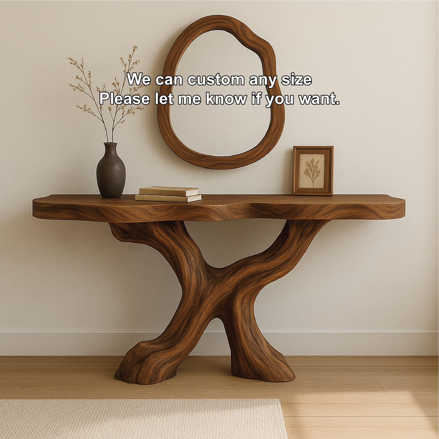Handcrafted Solid Wood Console Table with Organic Flowing Base and Smooth Natural Finish Kitchnce