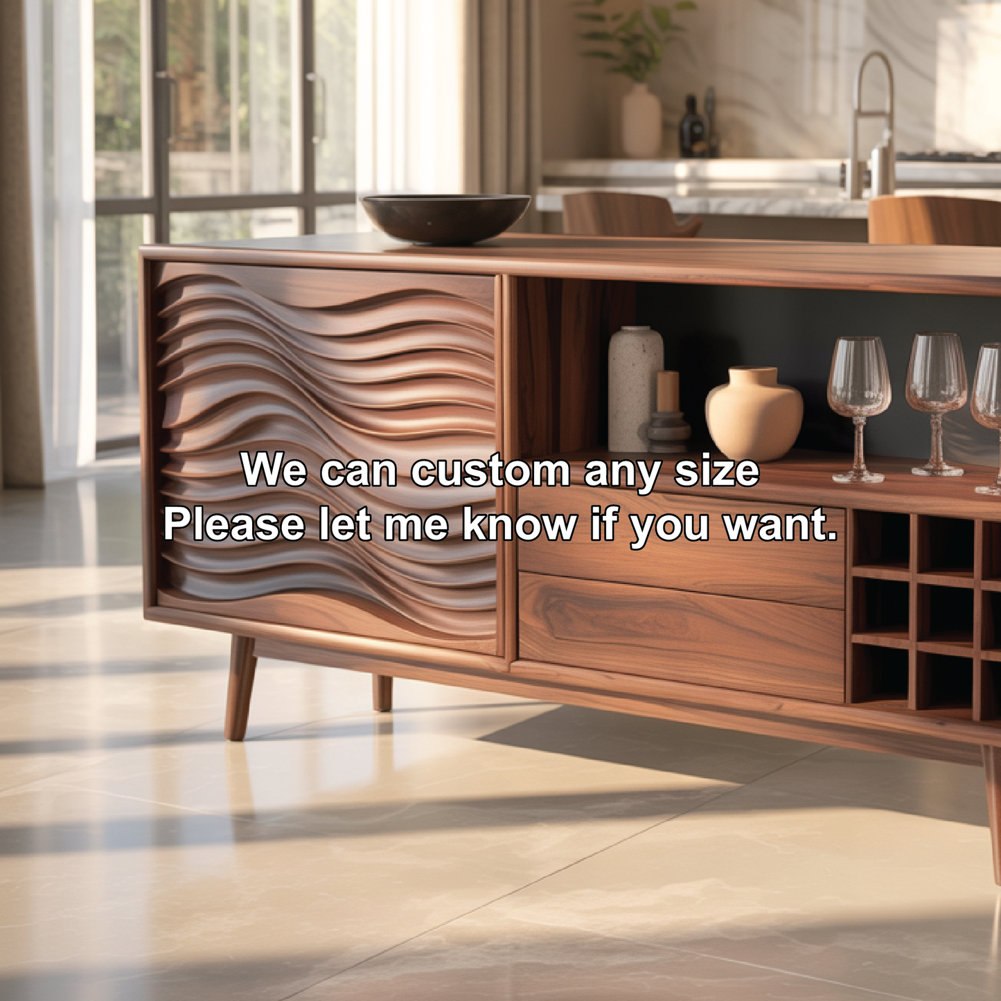 Handcrafted Solid Wood Dining Cabinet with Wave Carved Door, Open Display Shelf and Wine Storage Kitchnce