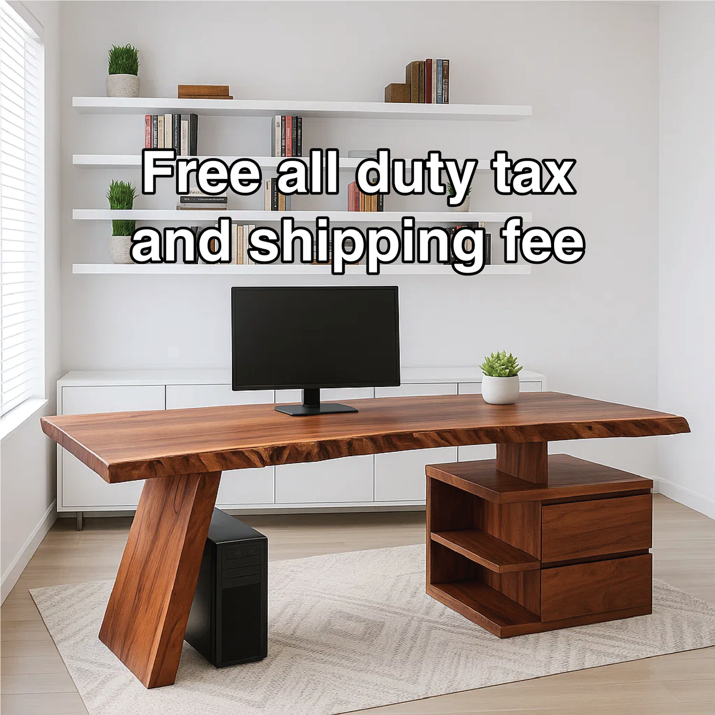 Handcrafted Solid Wood Work Desk – Live Edge Executive Office Table with Modern Asymmetric Base Kitchnce
