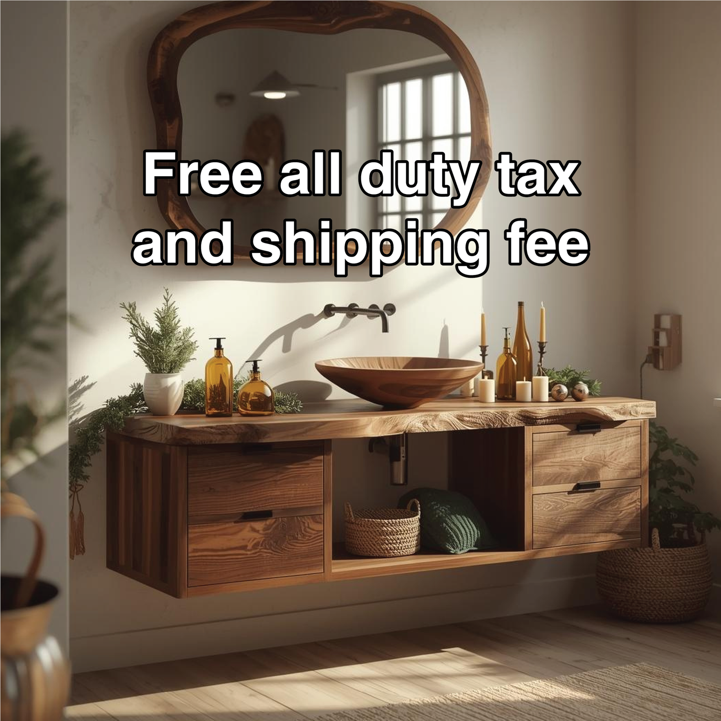 Handcrafted Solid Wood Floating Bathroom Vanity with Live Edge Countertop and Natural Mirror Kitchnce