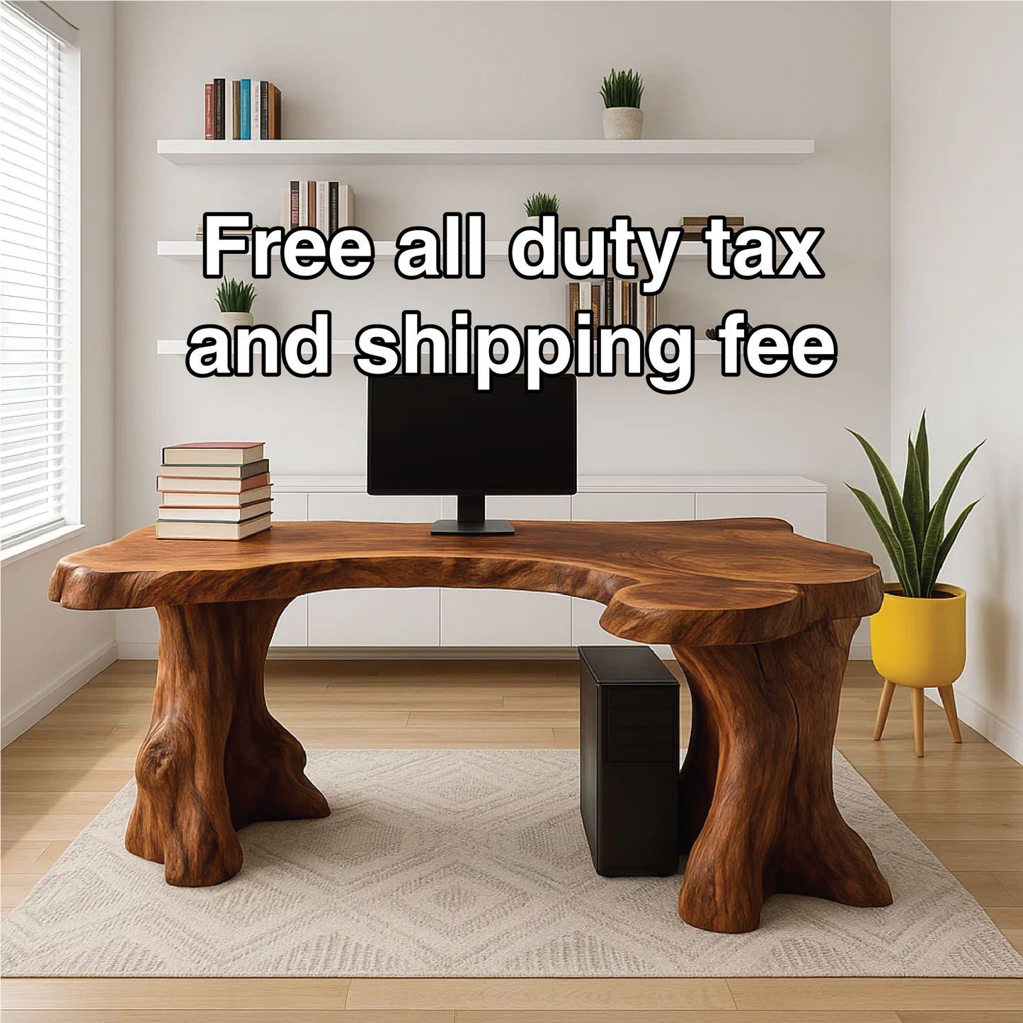 Handcrafted Solid Wood Executive Desk – Live Edge Office Table with Natural Tree Trunk Base Design Kitchnce