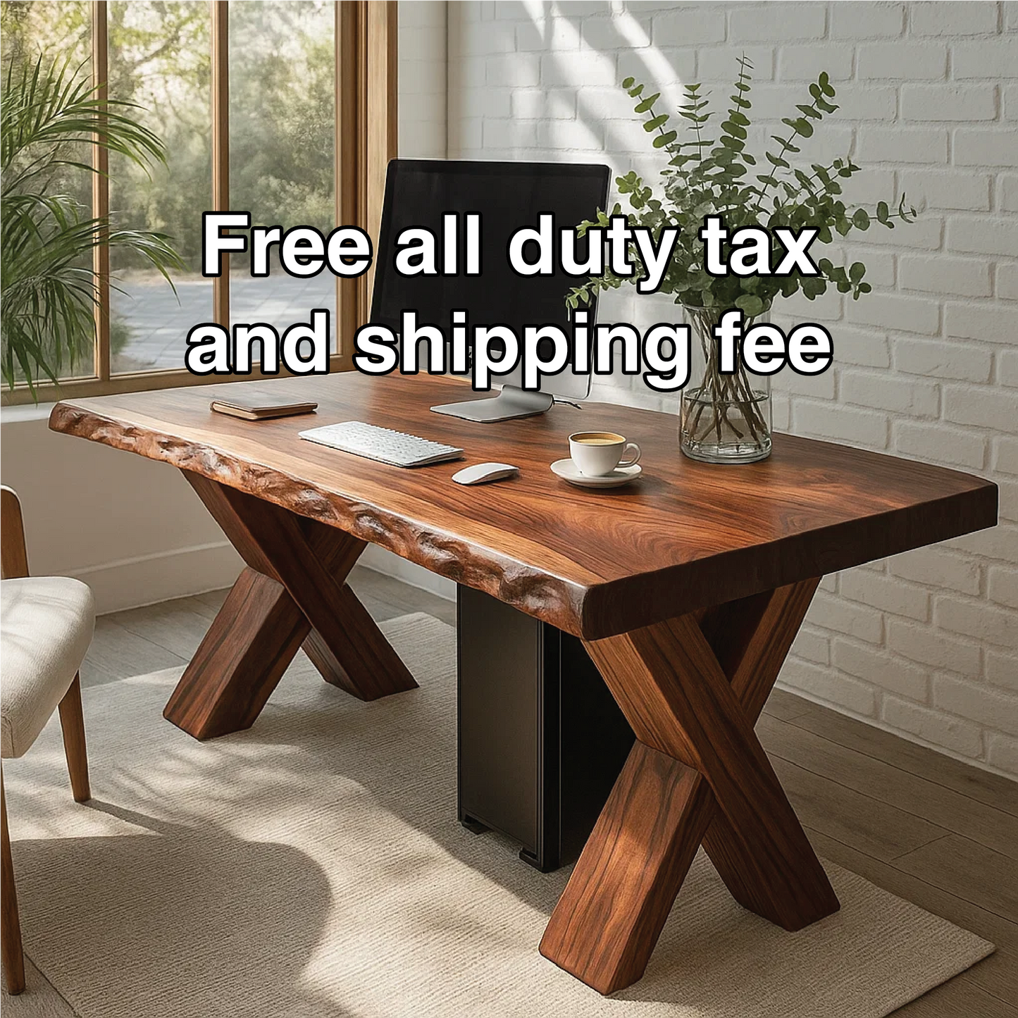 Handcrafted Solid Wood Work Desk – Live Edge Office Table with X-Leg Base and Natural Finish Kitchnce