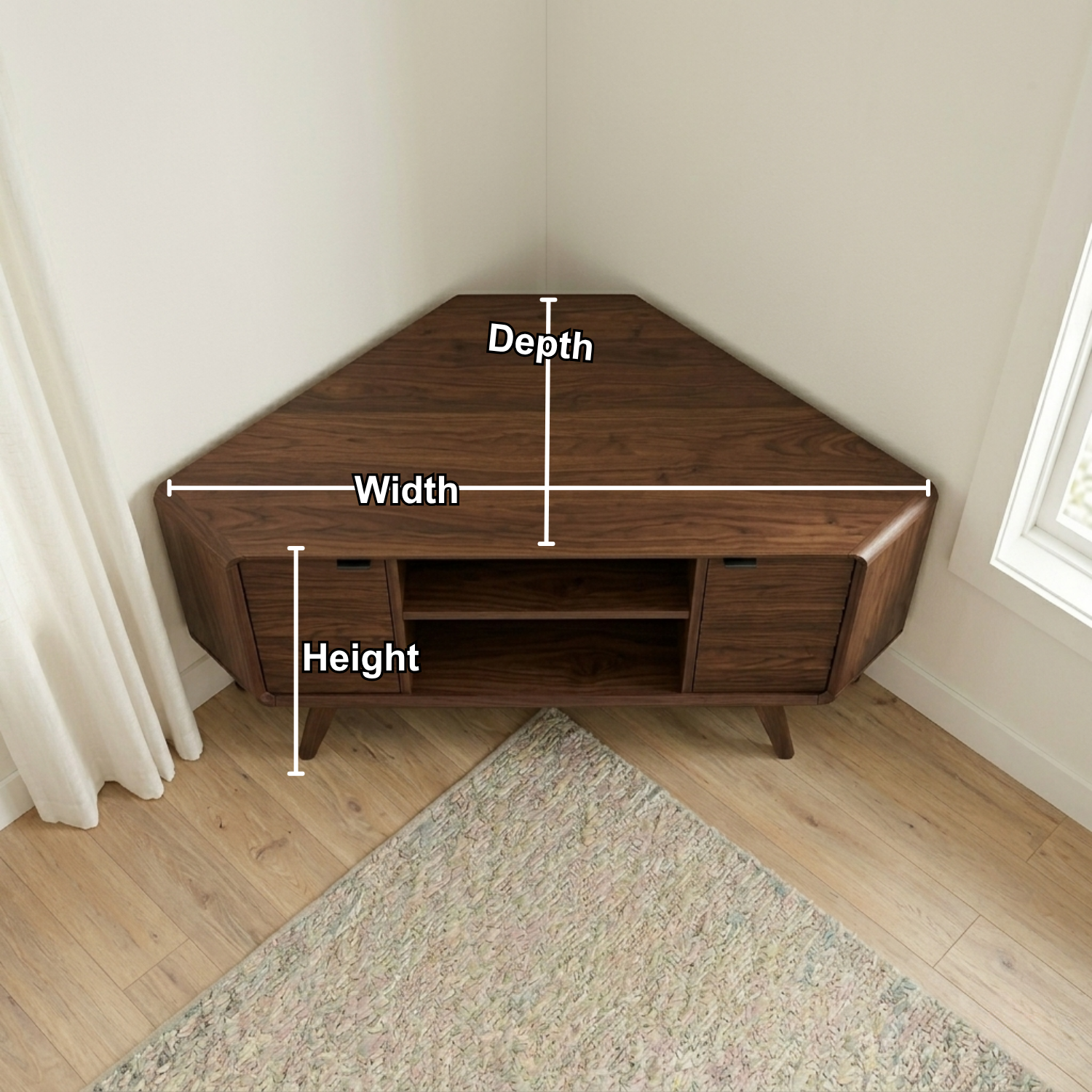 Solid Wood Corner TV Stand with Mid-Century Legs and Cabinet Storage