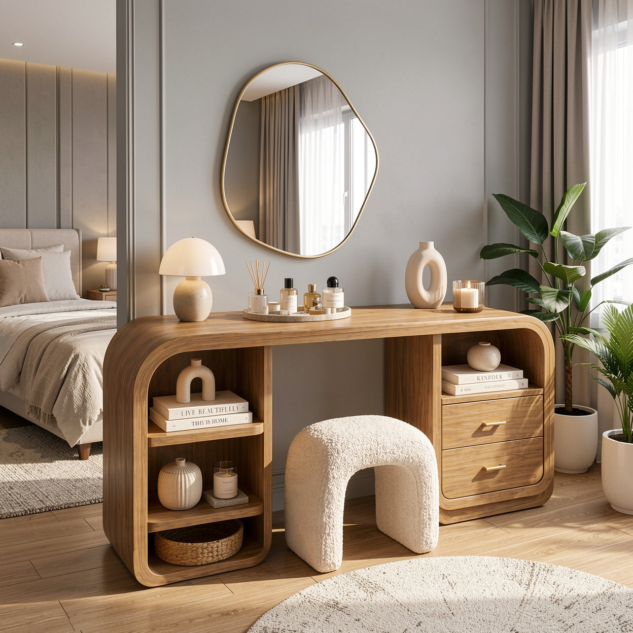 Solid Wood Makeup Vanity Desk with Rounded Design and Drawer Storage