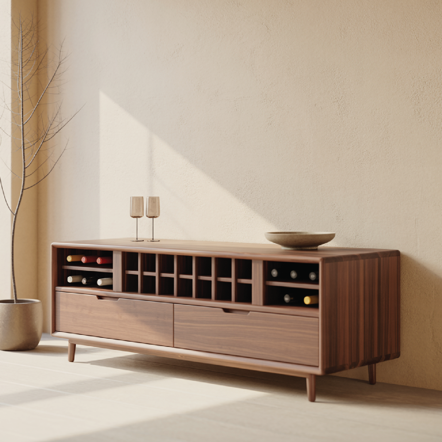 Handcrafted Solid Wood Wine Cabinet Console Mid Century Modern Low Bar Storage Furniture Sideboard