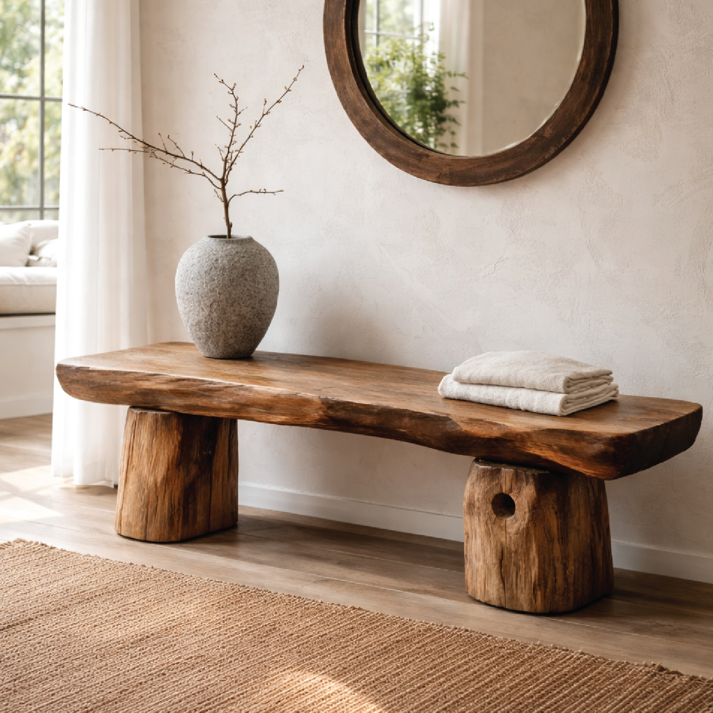 Live Edge Solid Wood Bench, Rustic Natural Edge Entryway Seating