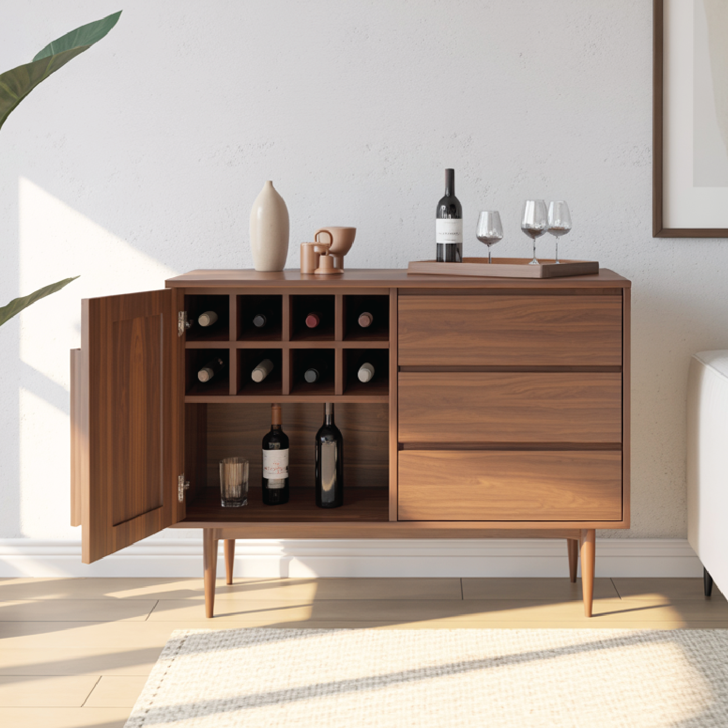 Handcrafted Solid Wood Wine Cabinet Mid Century Bar Sideboard with Drawers and Bottle Grid