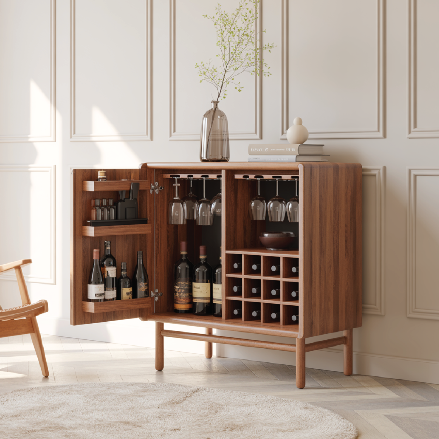 Handcrafted Solid Wood Wine Cabinet Mid Century Bar with Glass Rack and Bottle Storage