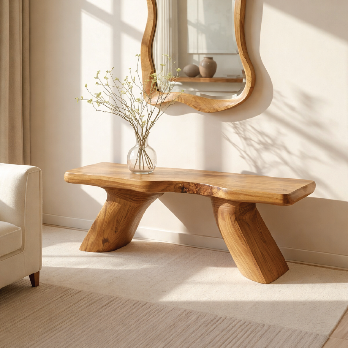 Solid Wood Entryway Bench with Sculptural Legs, Handmade Modern Hallwa