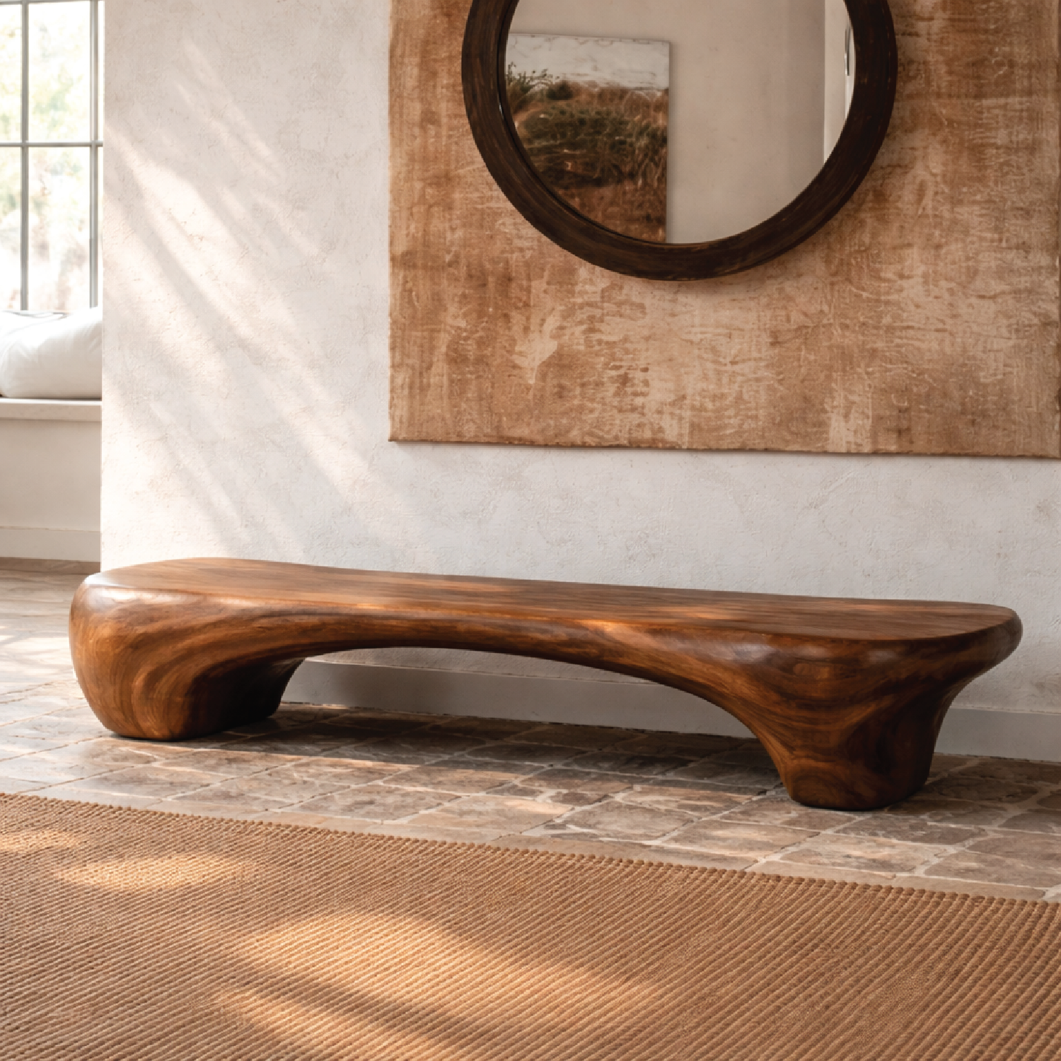 Organic Sculptural Solid Wood Bench, Modern Rustic Statement Seating