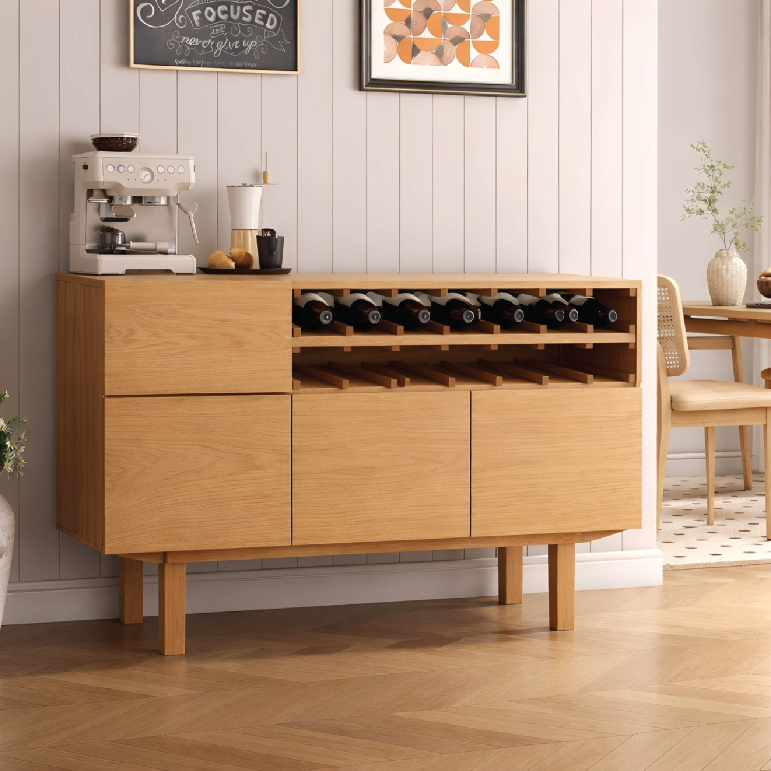 Handcrafted Solid Oak Wine Cabinet Mid Century Bar Sideboard with Bottle Rack Storage