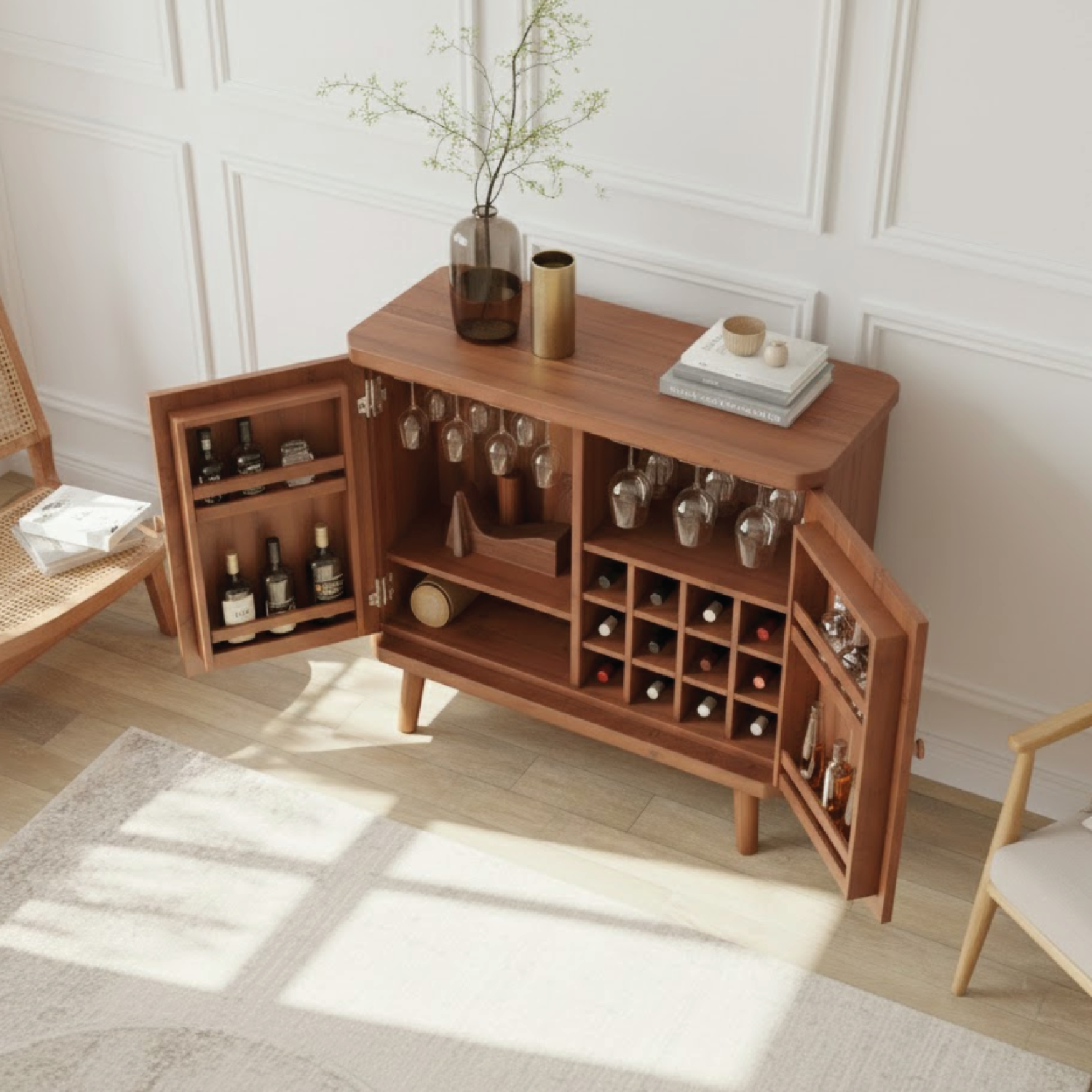 Handcrafted Solid Wood Wine Cabinet Mid Century Bar Sideboard with Glass Rack Storage