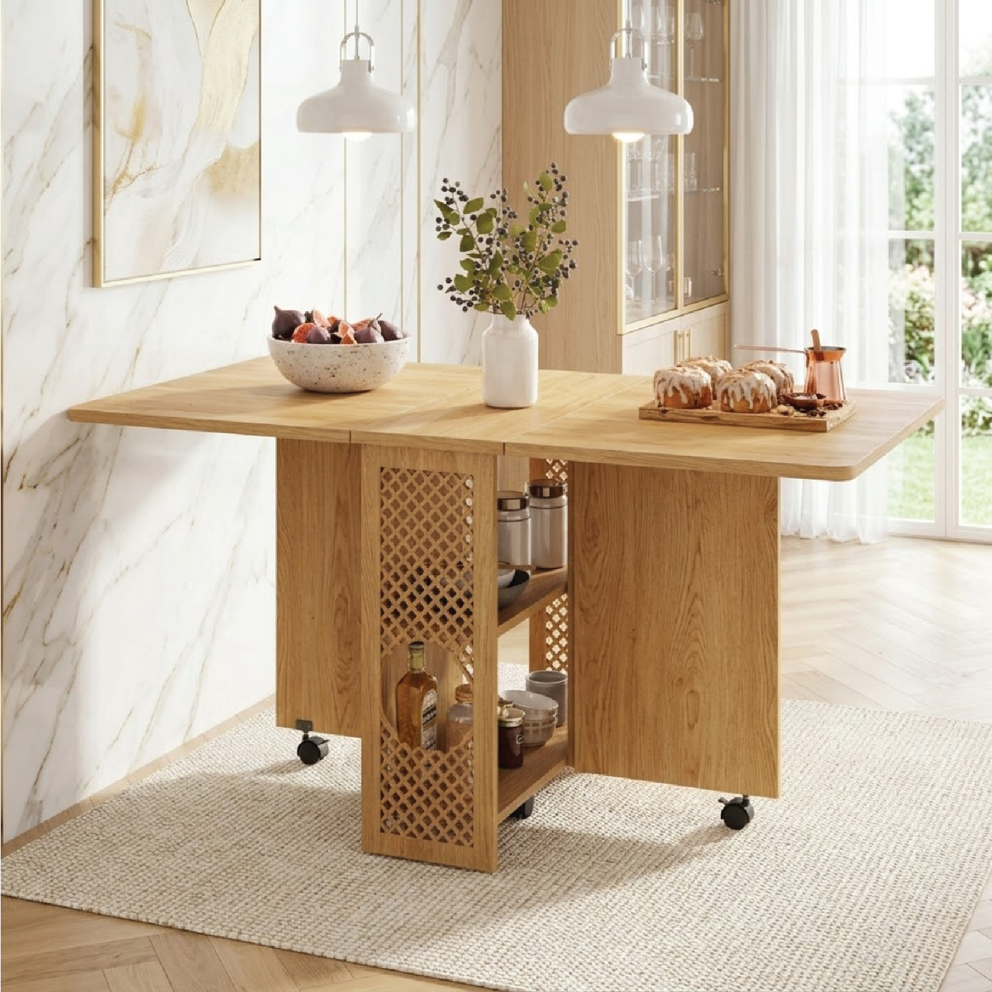 Rolling Kitchen Island with Drop Leaf Table, Storage Shelves, Folding Dining Cart for Small Spaces